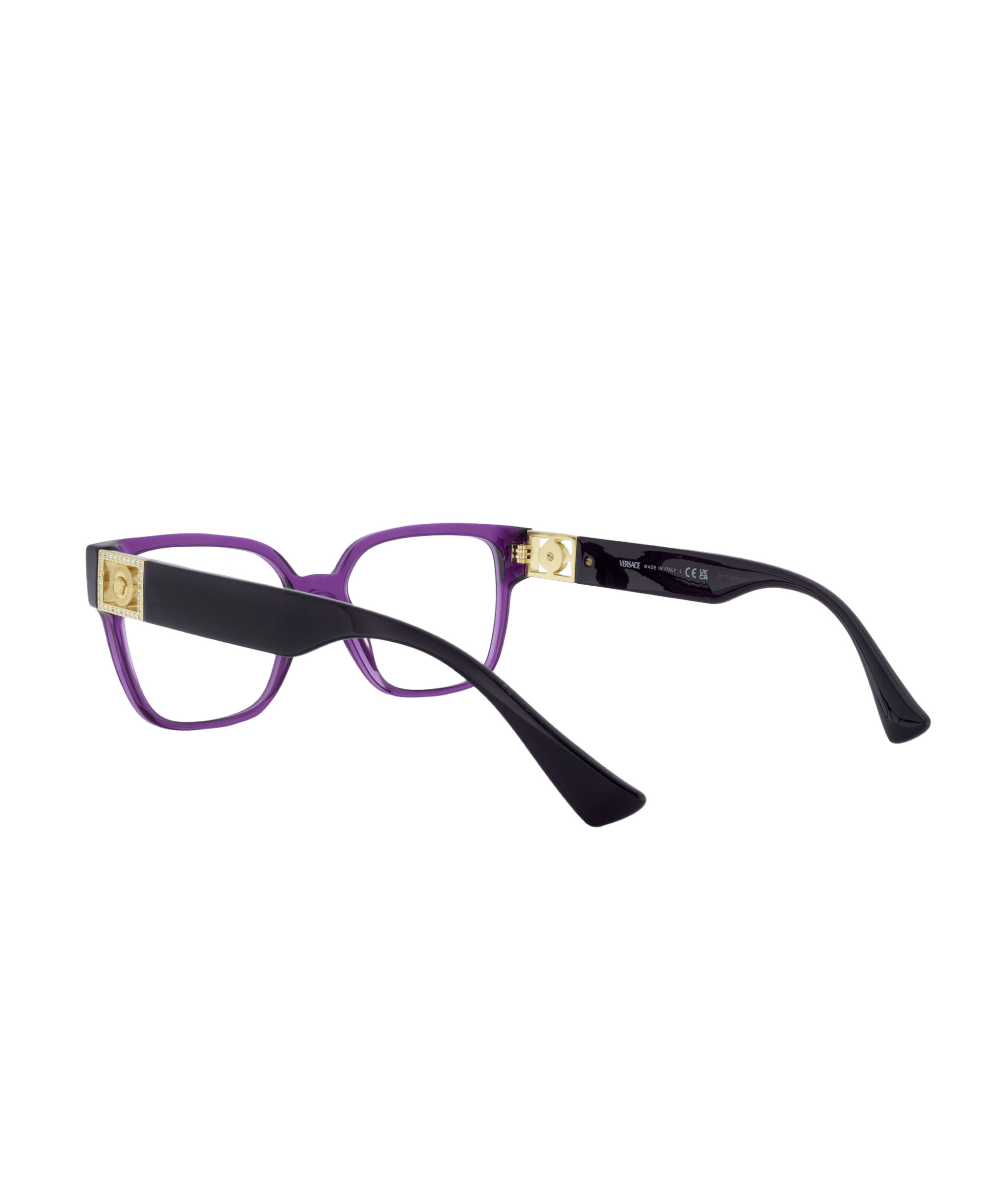 The Vu 3329B eyeglasses feature purple frames, black temples, and gold accents near the hinges, displayed on a white background.