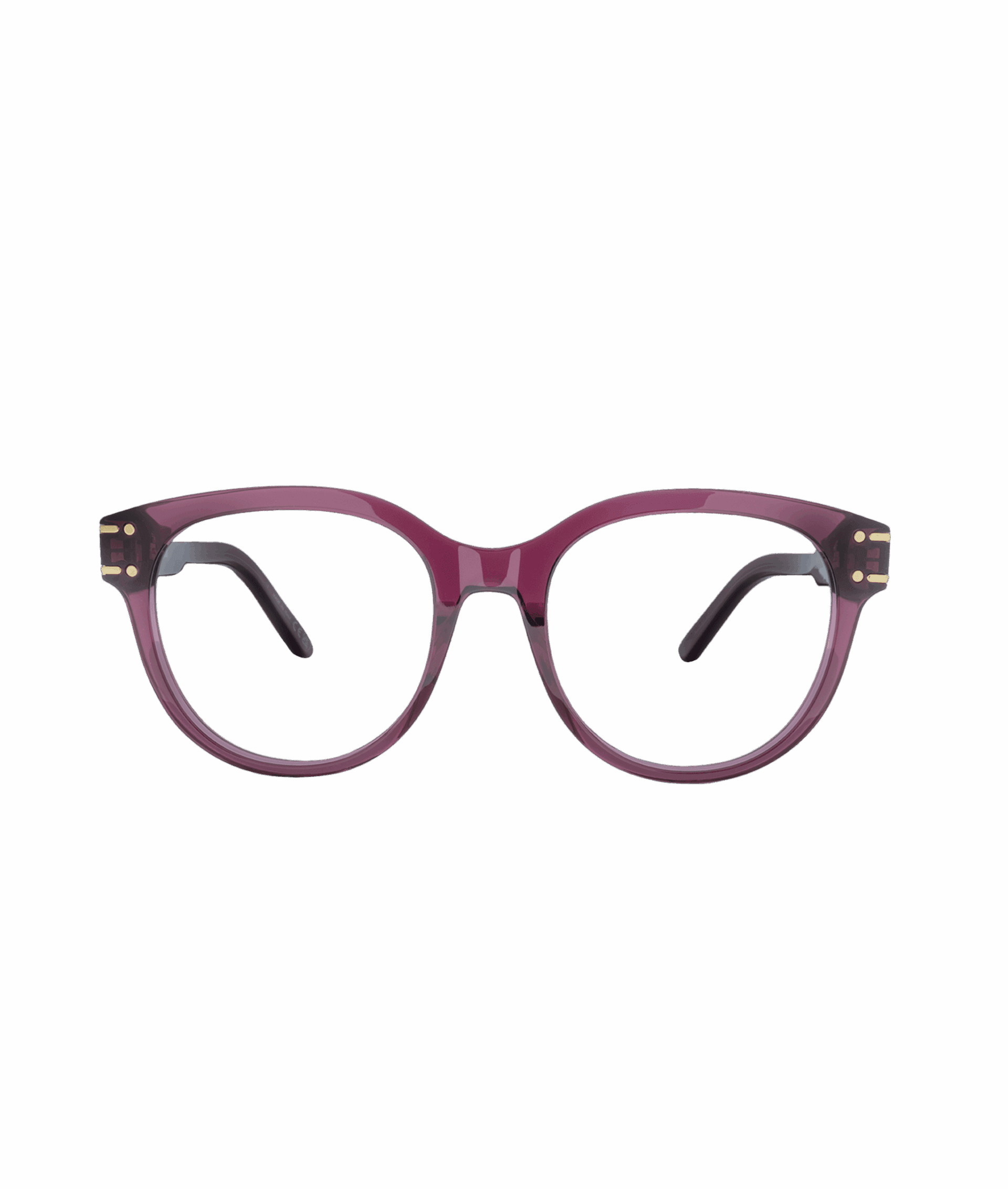 A pair of eyeglasses with round, purple frames and black temple tips, shown from the front on a plain white background, available at Vu, la lunetterie à Montréal avec le plus grand inventaire de montures à Montréal.