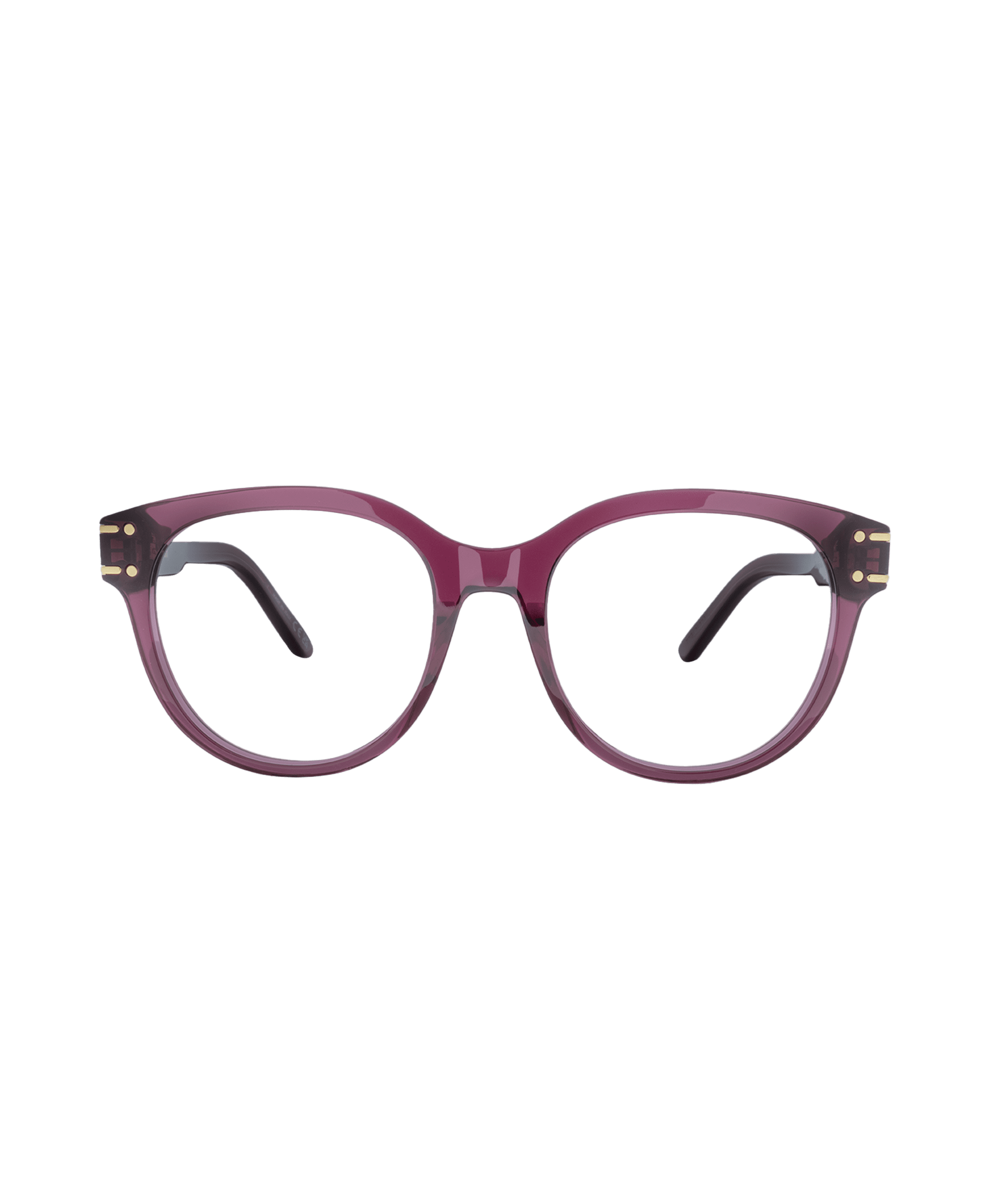 A pair of eyeglasses with round, purple frames and black temple tips, shown from the front on a plain white background, available at Vu, la lunetterie à Montréal avec le plus grand inventaire de montures à Montréal.