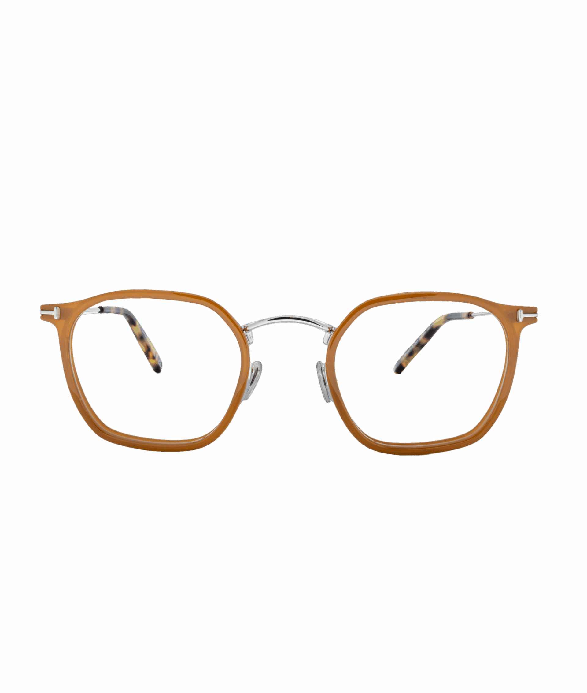 Brown geometric eyeglasses with clear lenses, featuring a metal bridge and tortoiseshell-patterned temples, displayed on a white background—discover this style at Vu, la lunetterie à Montréal.
