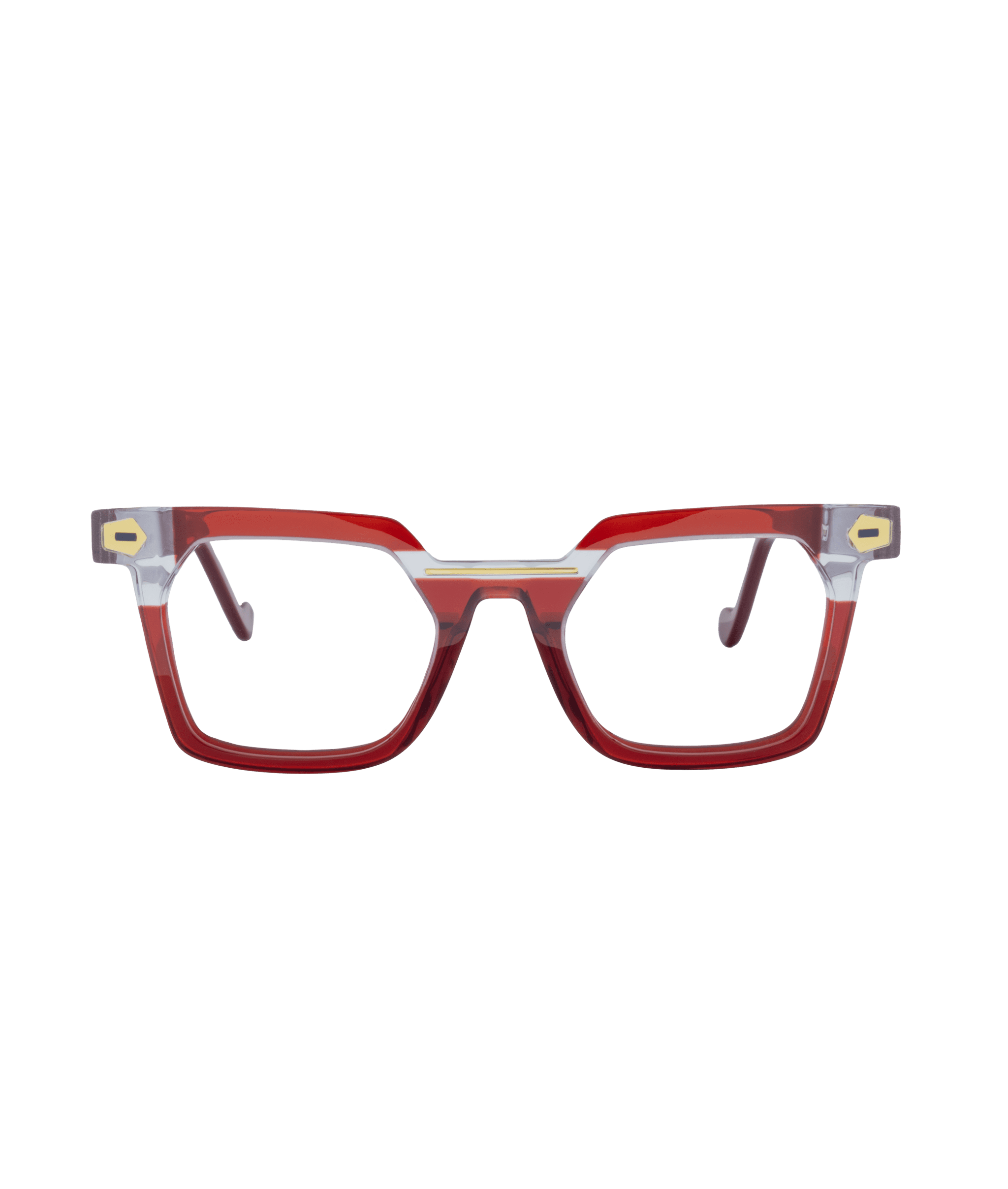 Red rectangular TRANSFER eyeglasses with thick frames and transparent temple accents, shown on a white background. Find this style at Vu, la lunetterie à Montréal au plus grand inventaire de montures en ville.