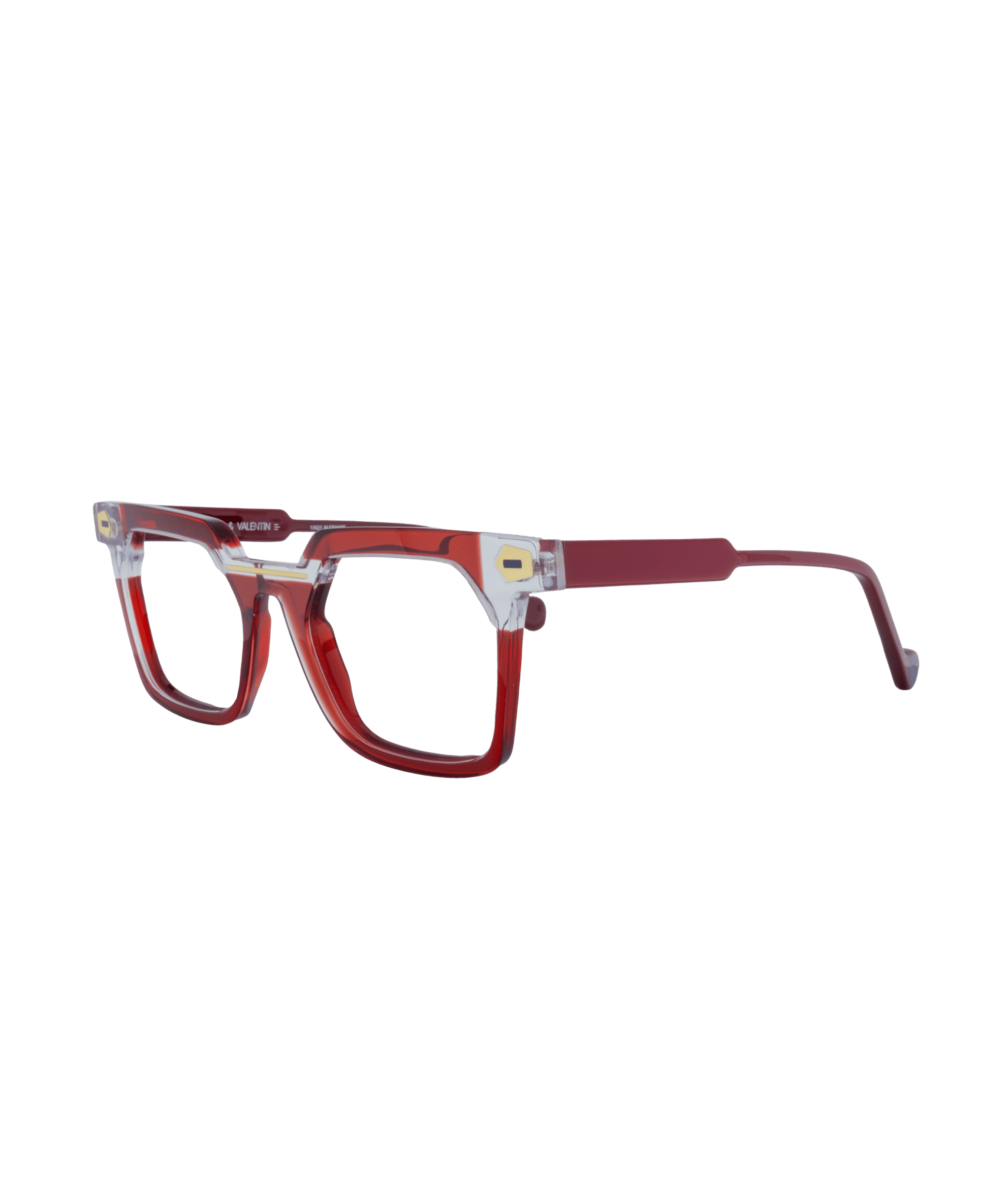 Discover the TRANSFER: red and clear rectangular eyeglasses with thick frames, flat top design, and yellow accents by the hinges—available now at Vu, la lunetterie à Montréal.