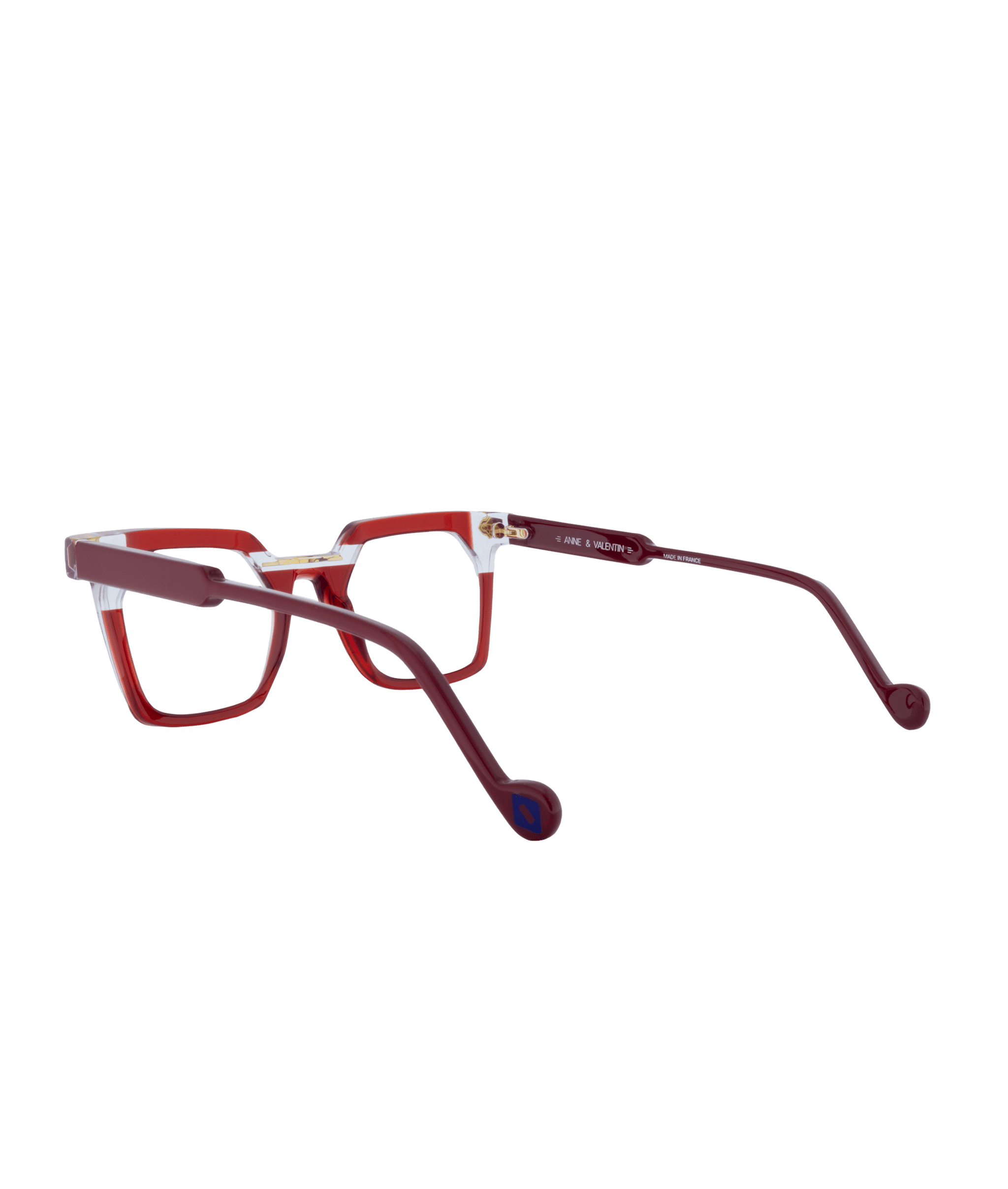 Explore the TRANSFER: bold red rectangular eyeglasses with thick frames and temples, shown from a rear side angle on a plain white background—find this style at Vu, le plus grand inventaire de montures à Montréal.