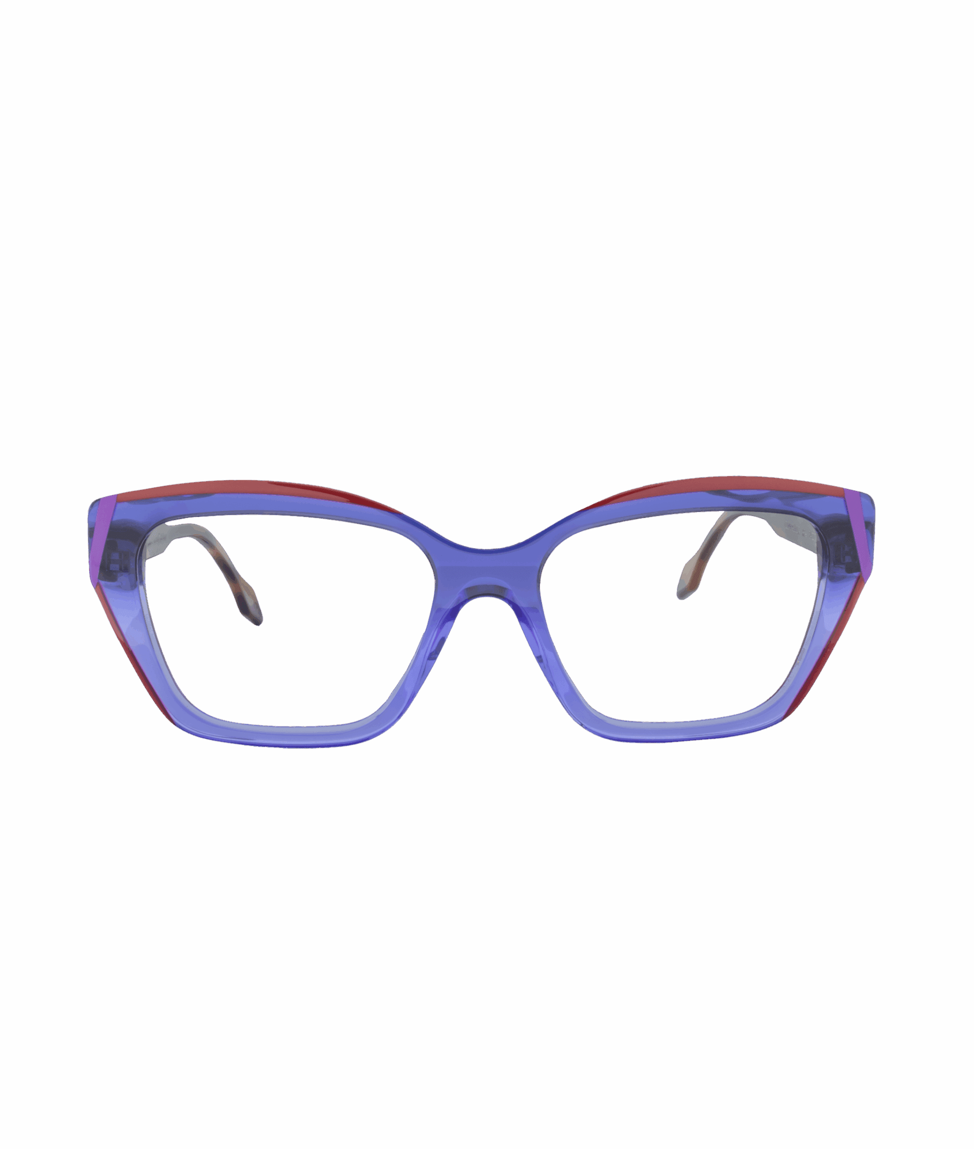 Vu’s CINNAMON cat-eye eyeglasses feature a translucent purple frame with striking red top accents, shown on a plain white background. Découvrez le plus grand inventaire de montures à Montréal dans notre lunetterie!.