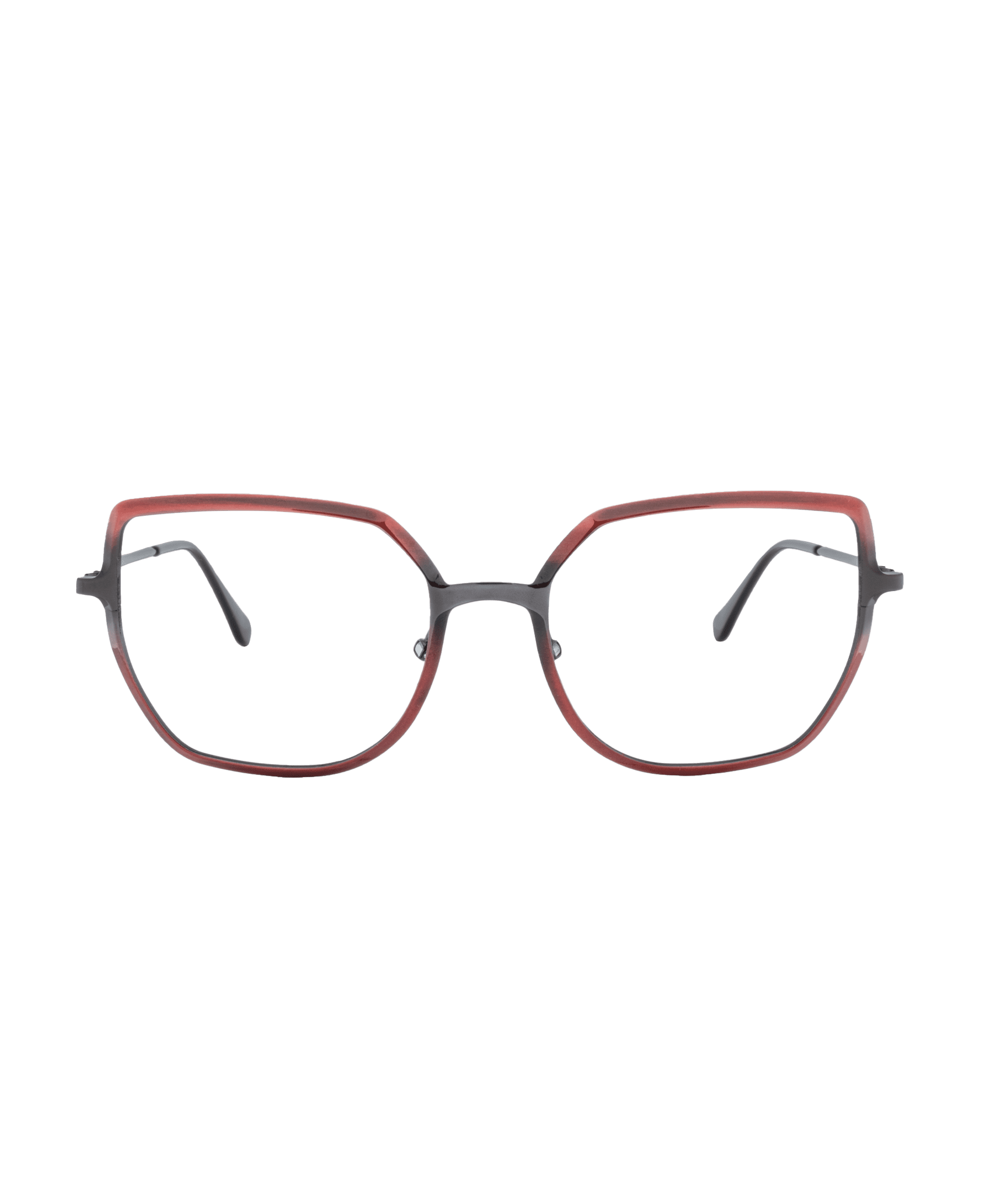 Les lunettes 4248 de La lunetterie VU à Montréal se caractérisent par une large monture carrée géométrique noire avec un contour rouge foncé audacieux sur le devant et de fines branches noires, le tout sur un fond blanc uni.