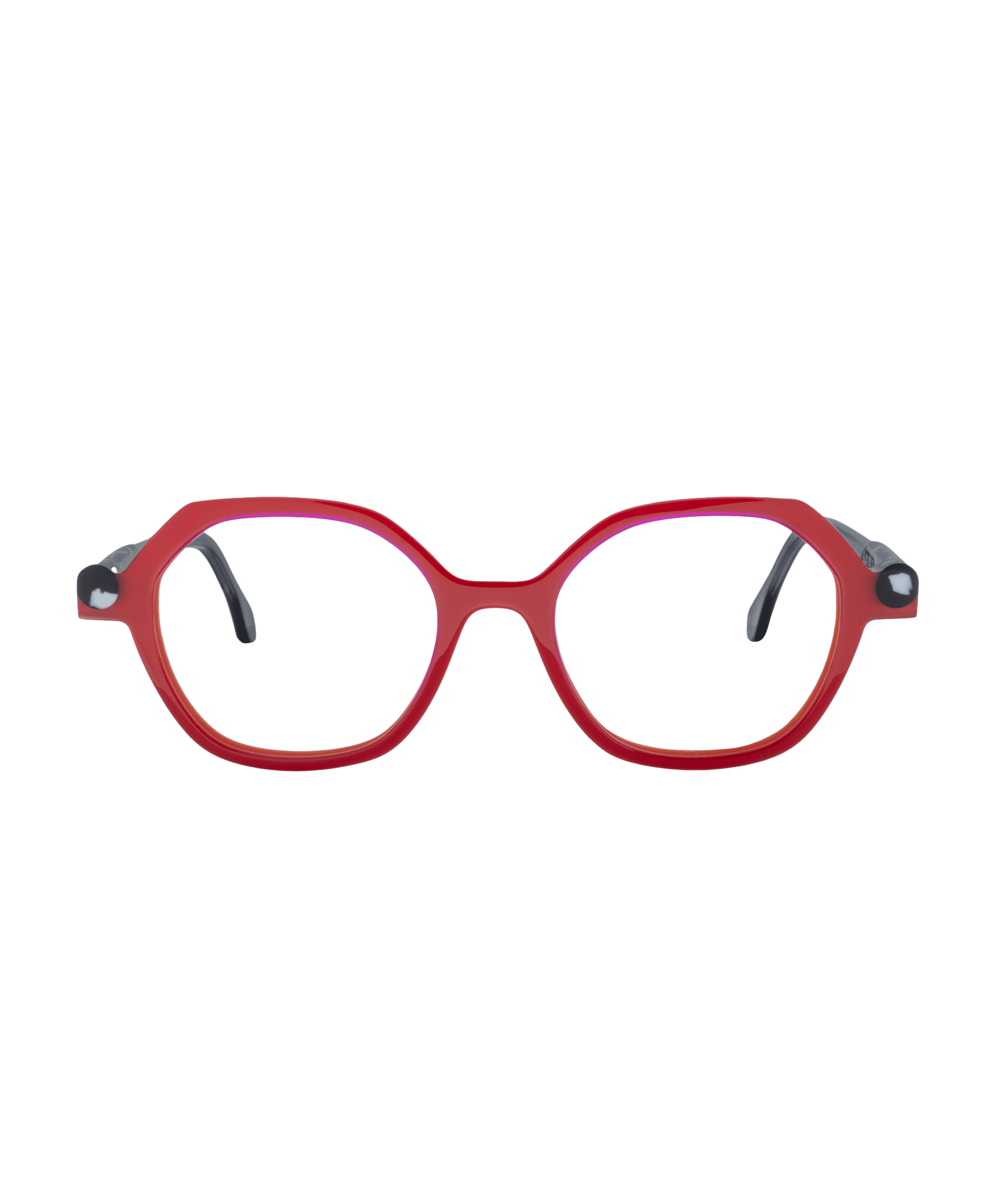 The KYOTO2 features red oval eyeglass frames, black temple arms, and clear lenses, shown on a white background. Find this stylish pair at La lunetterie VU in Montréal.