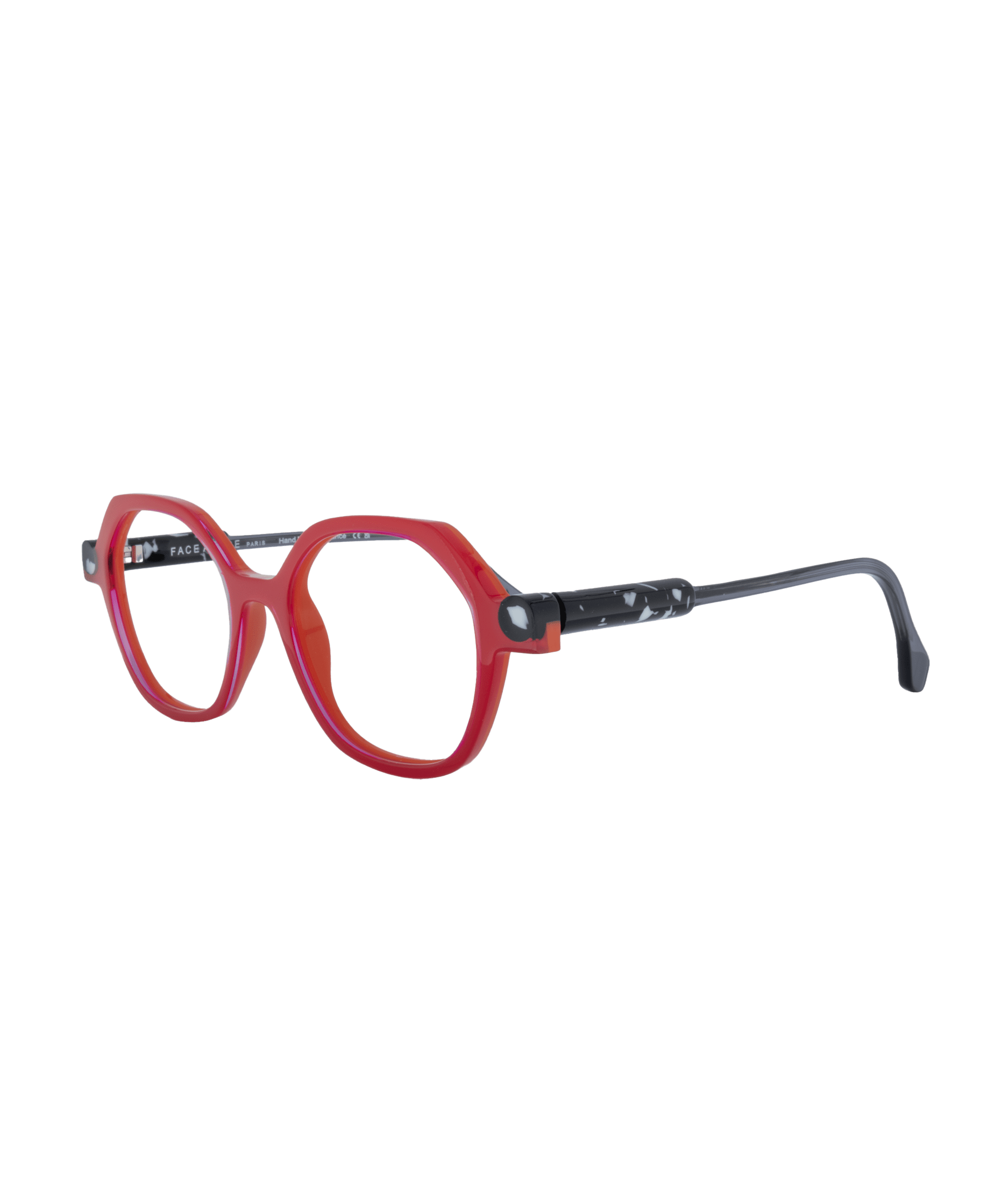 KYOTO2 eyeglasses feature red octagonal thick frames, black temples, and silver hinge details, showcased on a white background—expertly crafted by La lunetterie VU à Montréal for a bold, modern style.