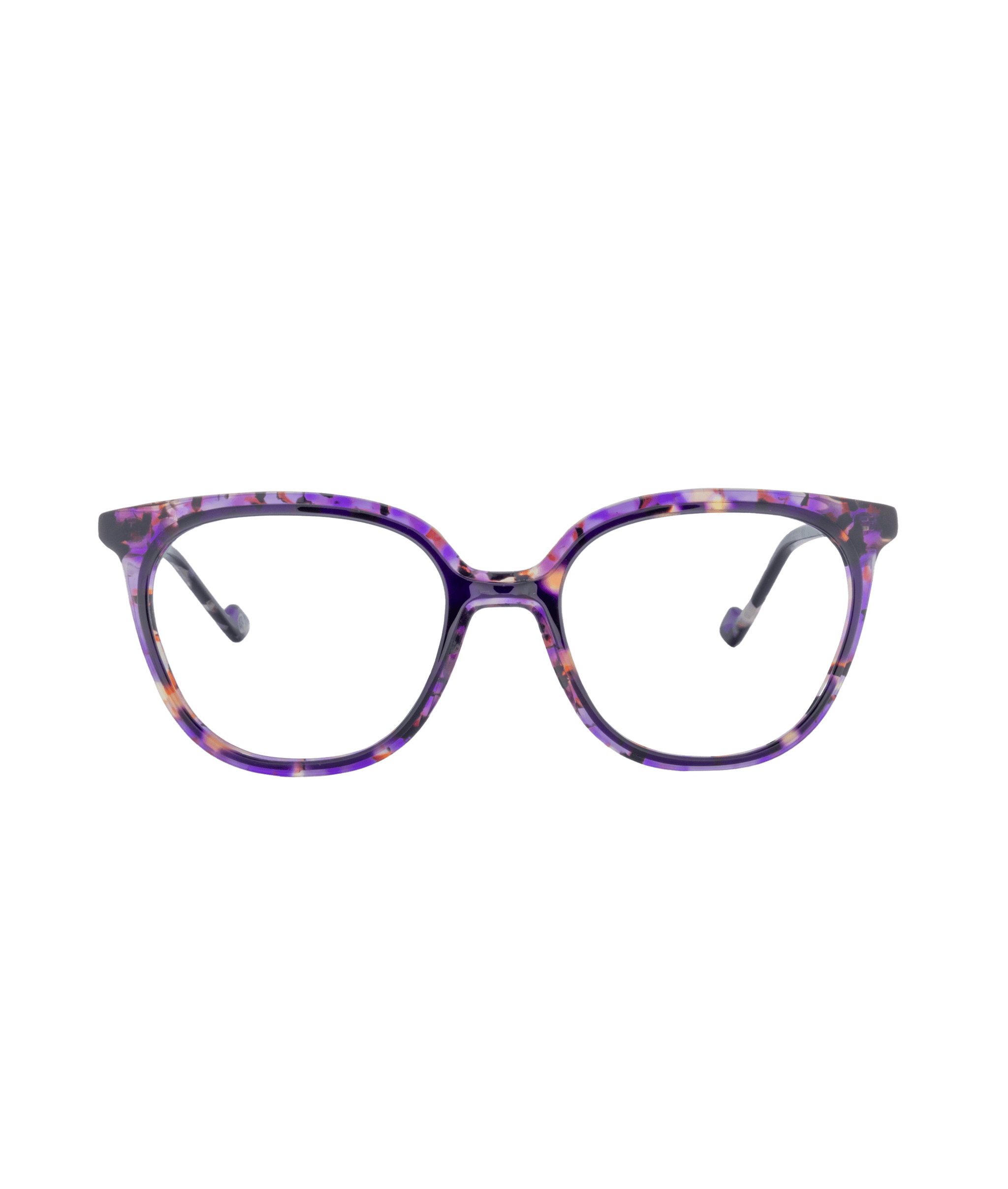 The LESS-ACE-2386 eyeglasses feature a purple tortoiseshell frame with a subtle cat-eye shape, blending purple, brown, and beige tones, shown on a white background. From La lunetterie VU à Montréal.