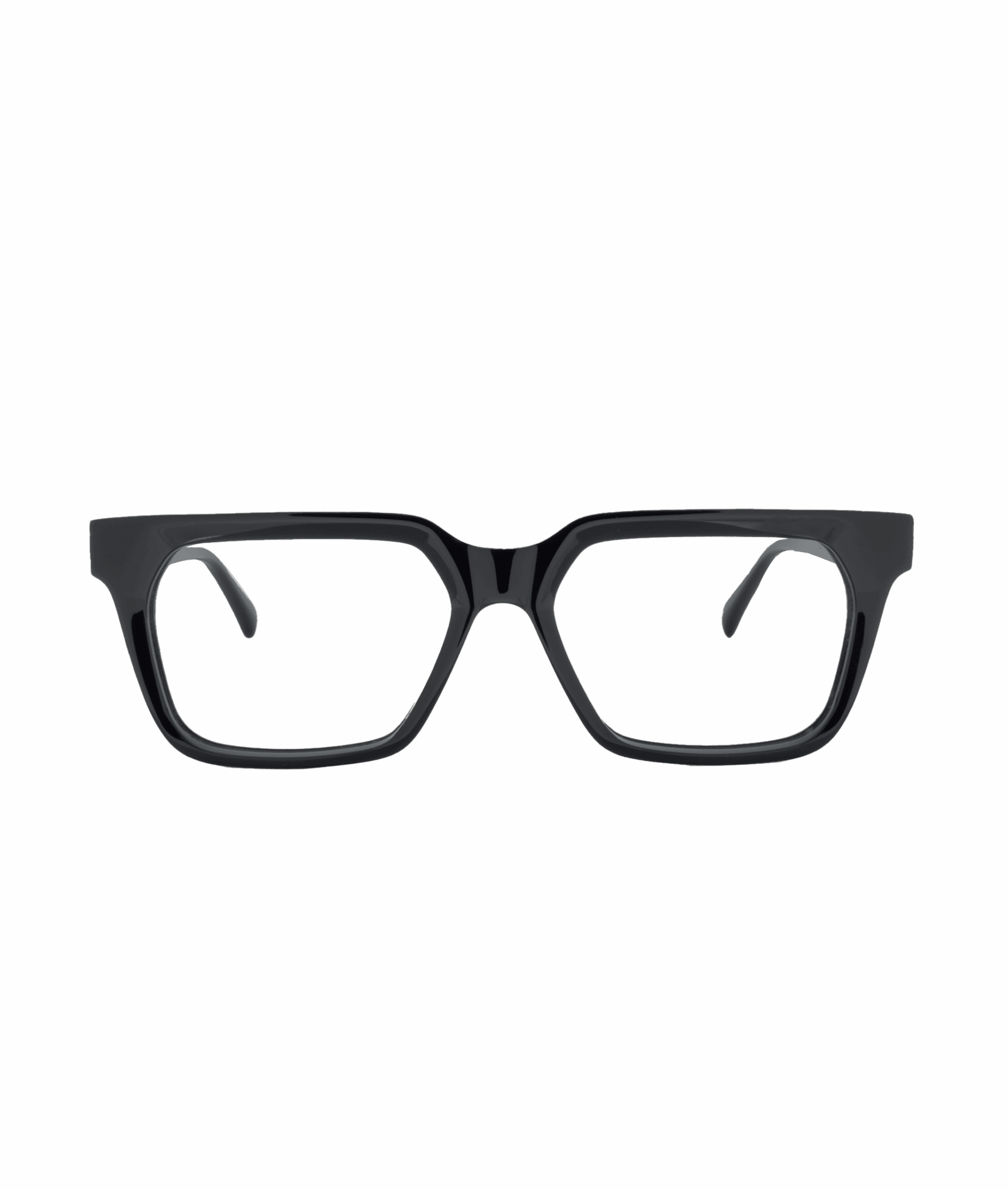 FRAME18: Black rectangular eyeglasses with thick frames, shown on a plain white background facing forward with visible arms. Discover this timeless style at La lunetterie VU à Montréal.