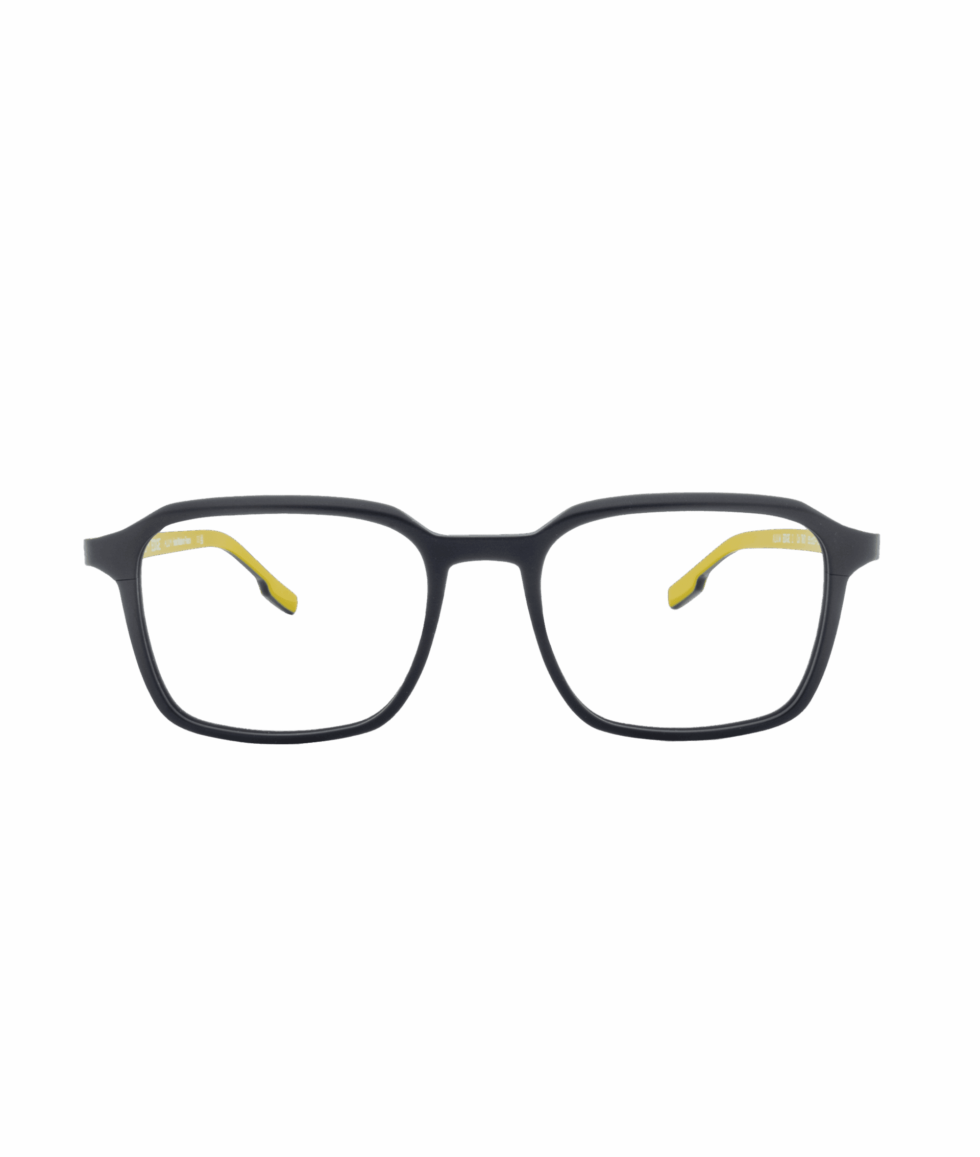 ALIUMDEGE2: Black rectangular eyeglass frames with slightly rounded edges and yellow inner temple arms, shown on a plain white background—available at La lunetterie VU in Montréal.