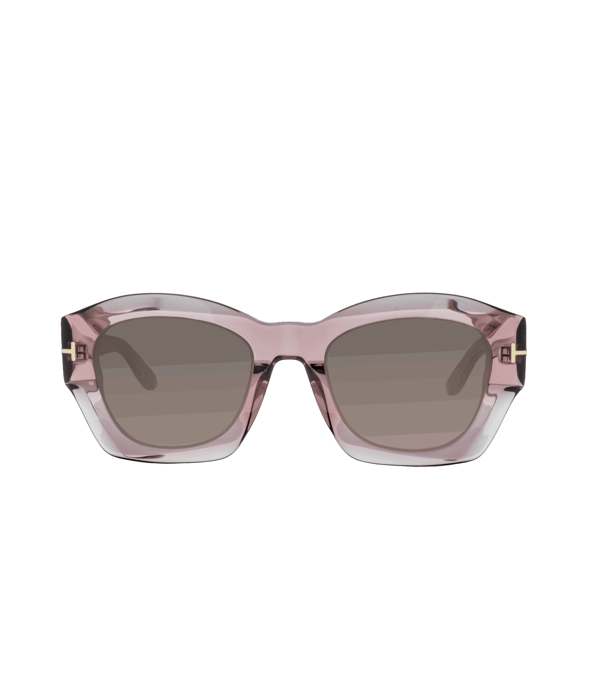 Lunettes de soleil rectangulaires, modèle 1083, avec monture rose translucide, verres dégradés foncés et petites charnières dorées. Découvrez cette paire élégante à la lunetterie VU à Montréal.