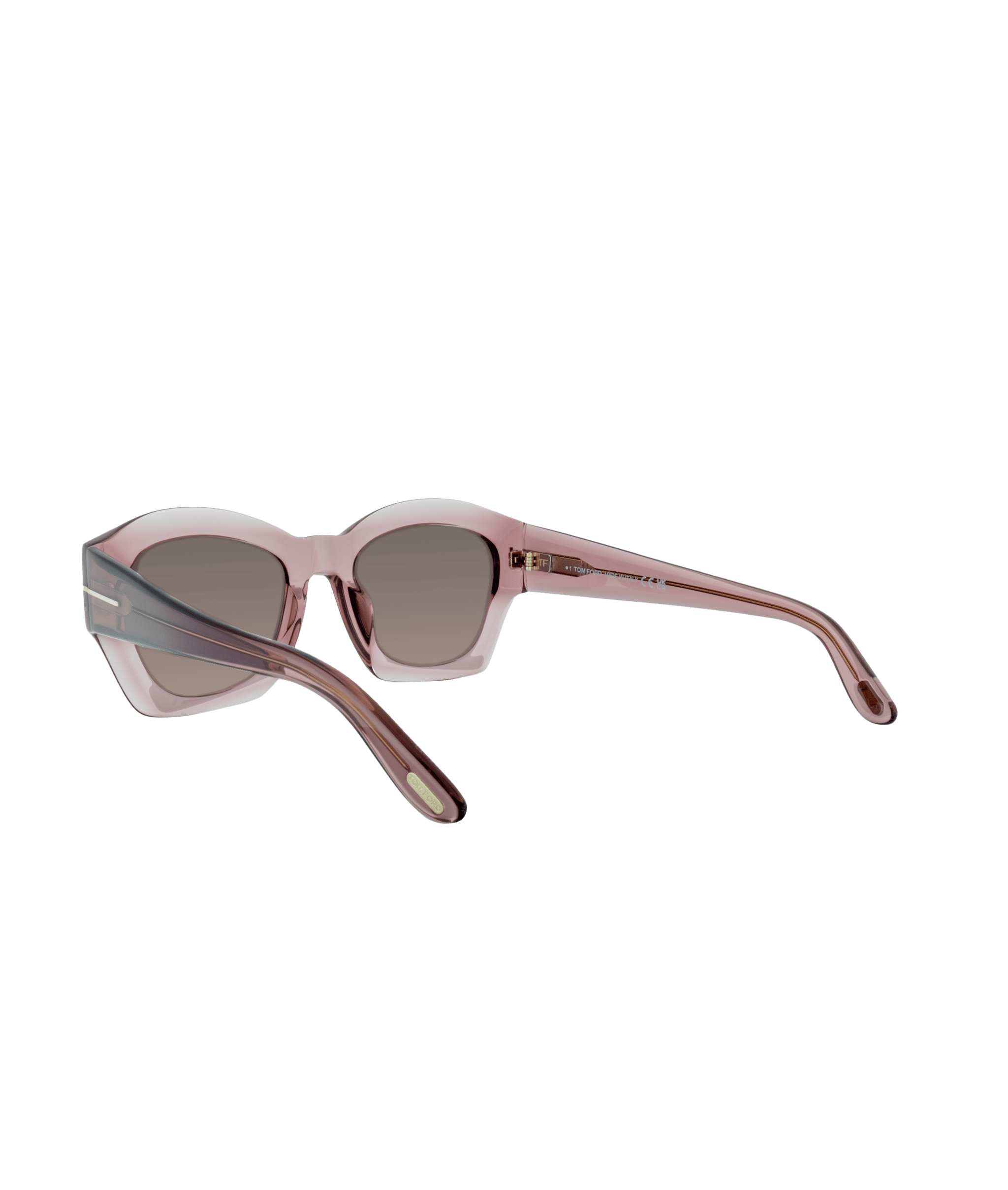 Product 1083: Pink translucent cat-eye sunglasses with dark gradient lenses from La lunetterie VU à Montréal, shown from an angled side and back view on a plain white background.