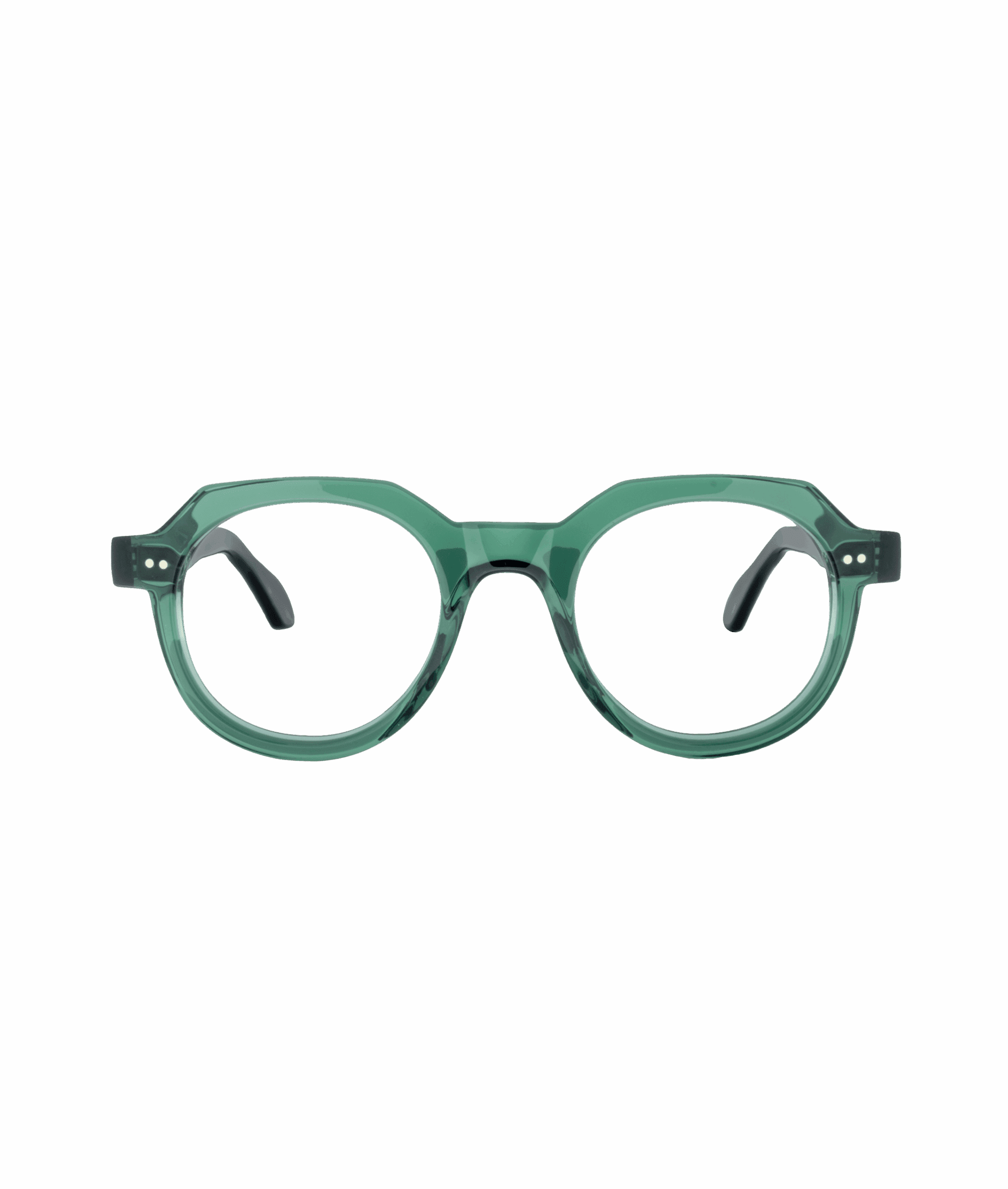 La 656 présente une monture en acétate vert avec des verres arrondis, des bords supérieurs géométriques et des embouts de branches noirs, présentée par La lunetterie VU à Montréal sur un fond blanc uni.