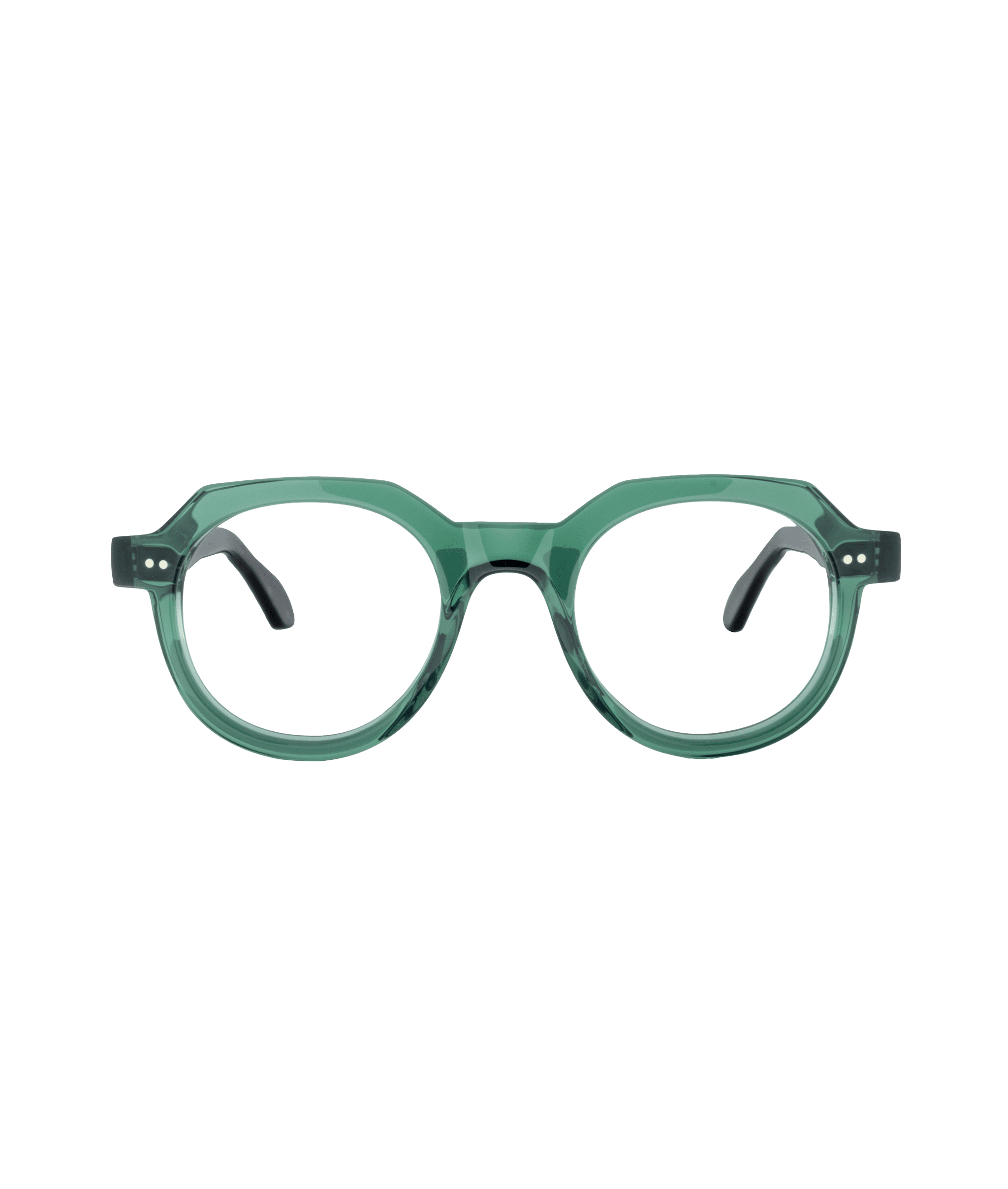 Green, round eyeglasses with thick acetate frames and slightly angular edges—model 656—displayed on a white background. Find this unique style at La lunetterie VU in Montréal.