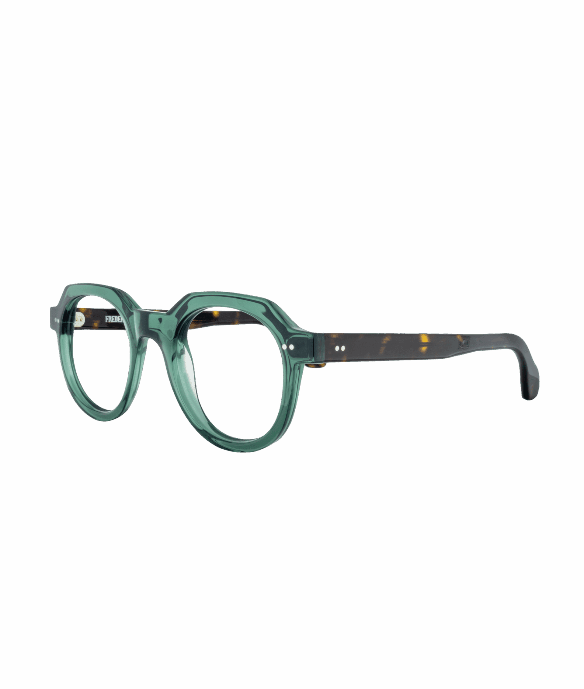 Frédéric Beausoleil, marque réputée pour son artisanat d'exception et son design audacieux, présente ici la monture 656 VER. Sa couleur verte forêt, combinée à des branches brunes, crée un contraste élégant et raffiné. La forme ronde, rehaussée de coupes géométriques sur le dessus, apporte une touche moderne tout en conservant une silhouette structurée.