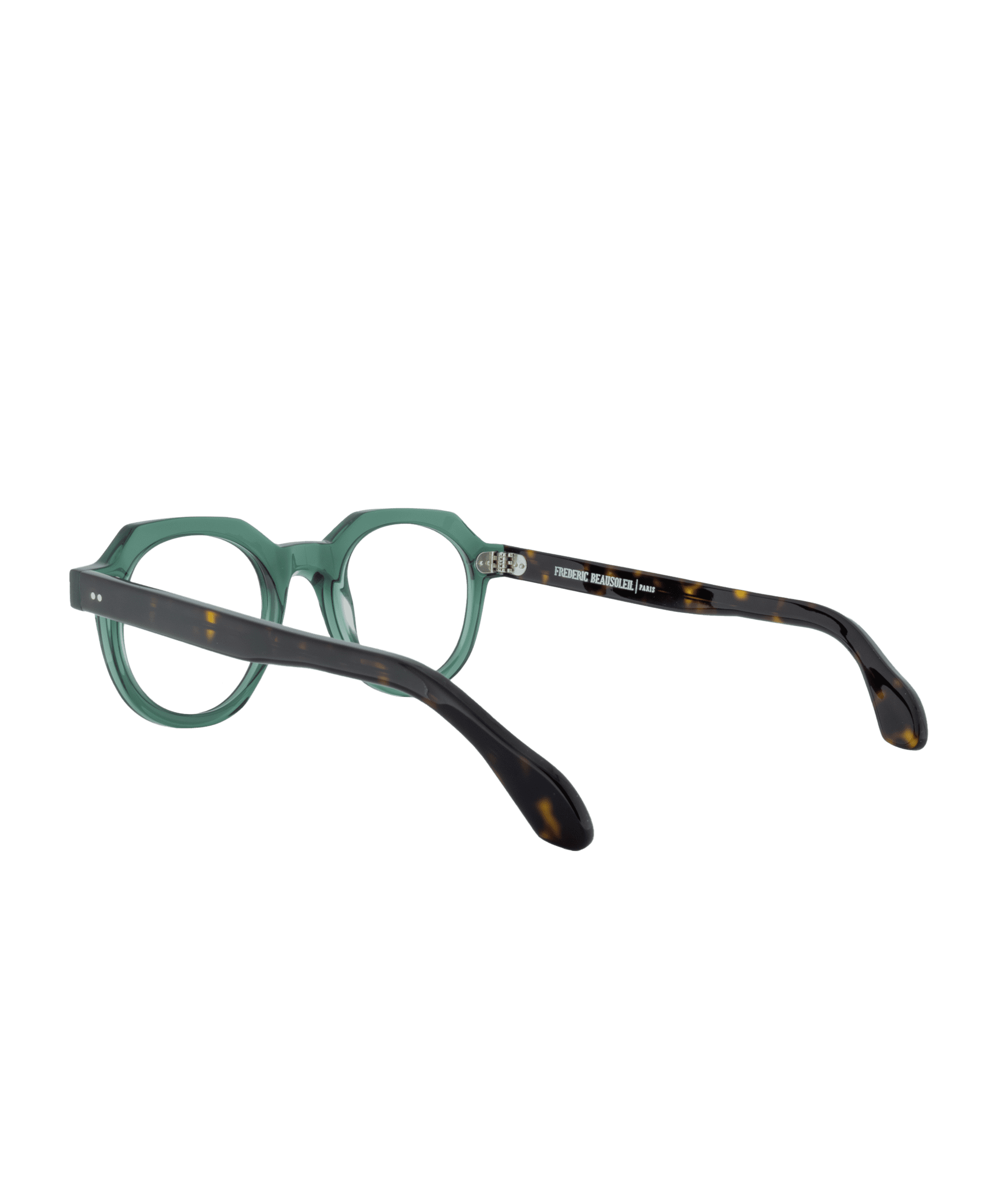 Model 656 eyeglasses with translucent green frames and dark tortoiseshell-patterned arms, shown from a rear side angle on a white background. Available at La lunetterie VU in Montréal.
