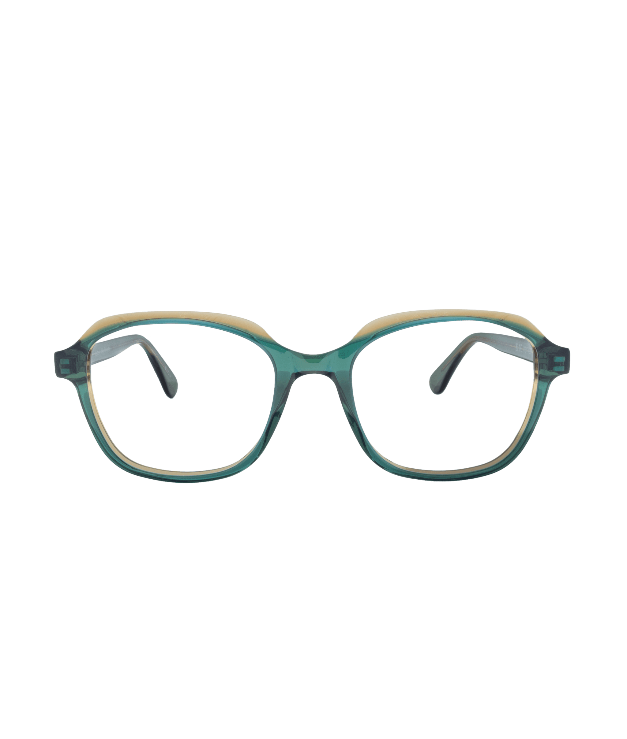 Front view of 1647 rectangular eyeglasses with green and beige translucent frames and slightly curved temples, displayed on a plain white background. Discover this stylish look from La lunetterie VU à Montréal.