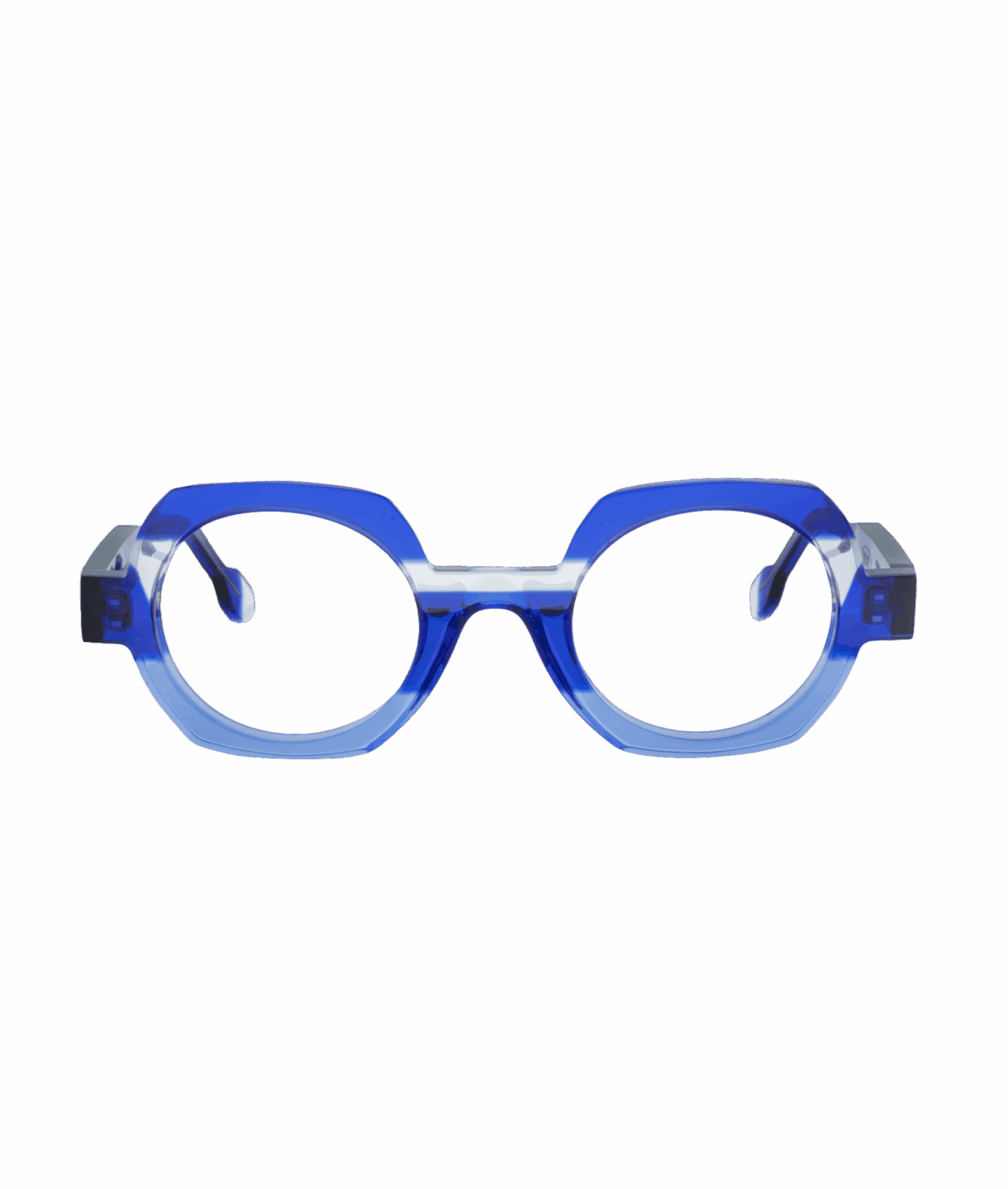 HEHE blue eyeglasses feature thick frames, oval lenses with angular corners, and straight temples with black tips. Displayed on a white background, this modern style is available at La lunetterie VU in Montréal.