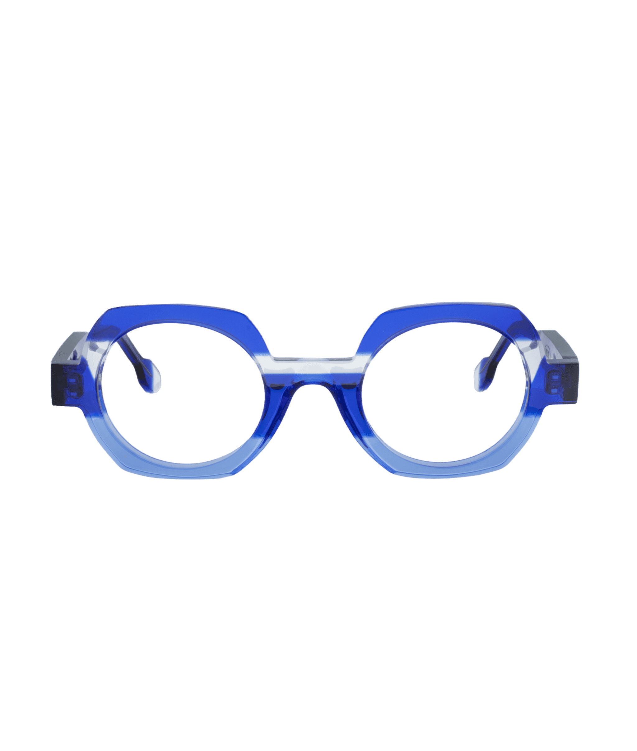 HEHE blue eyeglasses feature thick frames, oval lenses with angular corners, and straight temples with black tips. Displayed on a white background, this modern style is available at La lunetterie VU in Montréal.