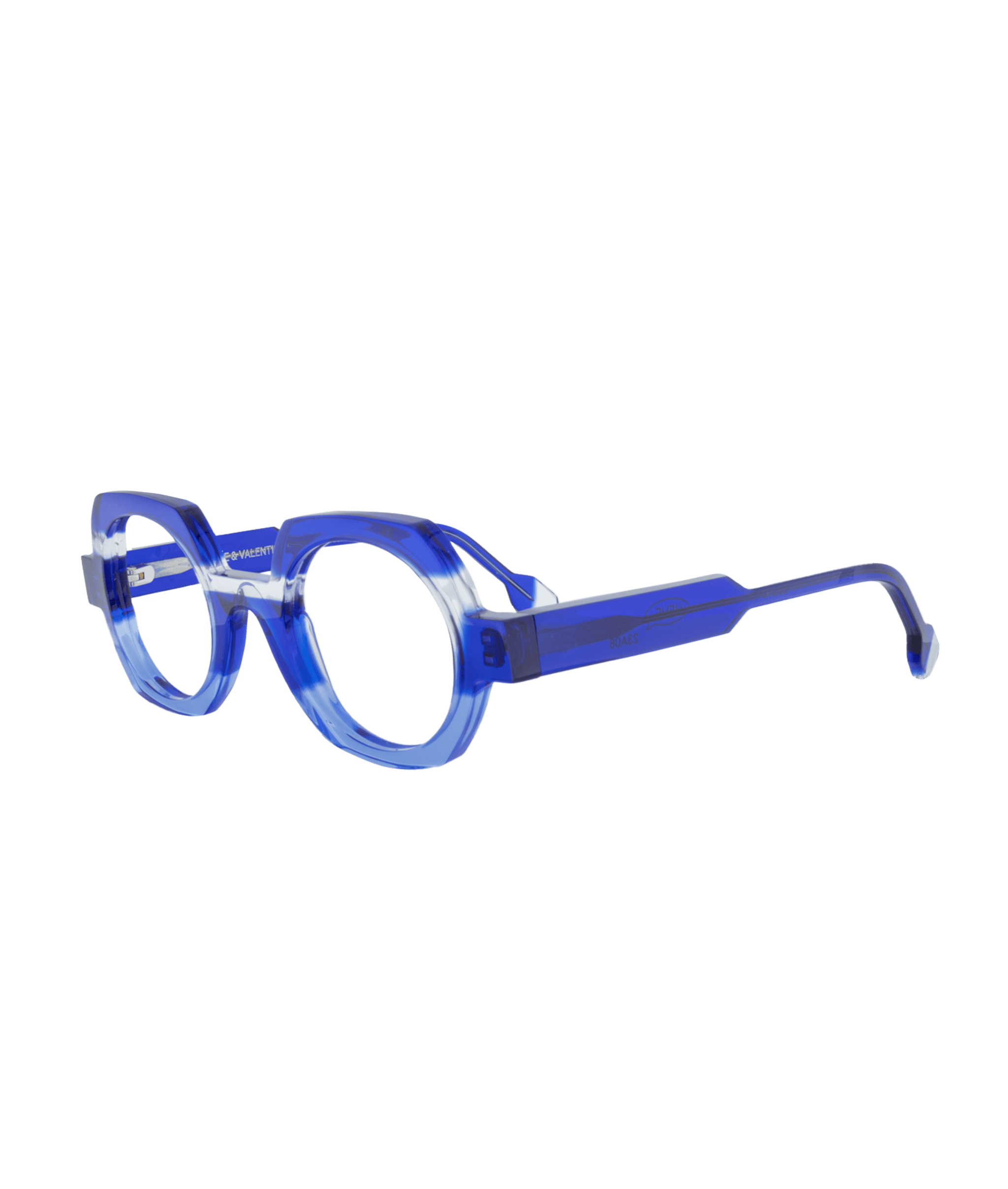 Blue translucent eyeglasses, HEHE by La lunetterie VU à Montréal, feature thick geometric frames and clear lenses, elegantly displayed on a white background.