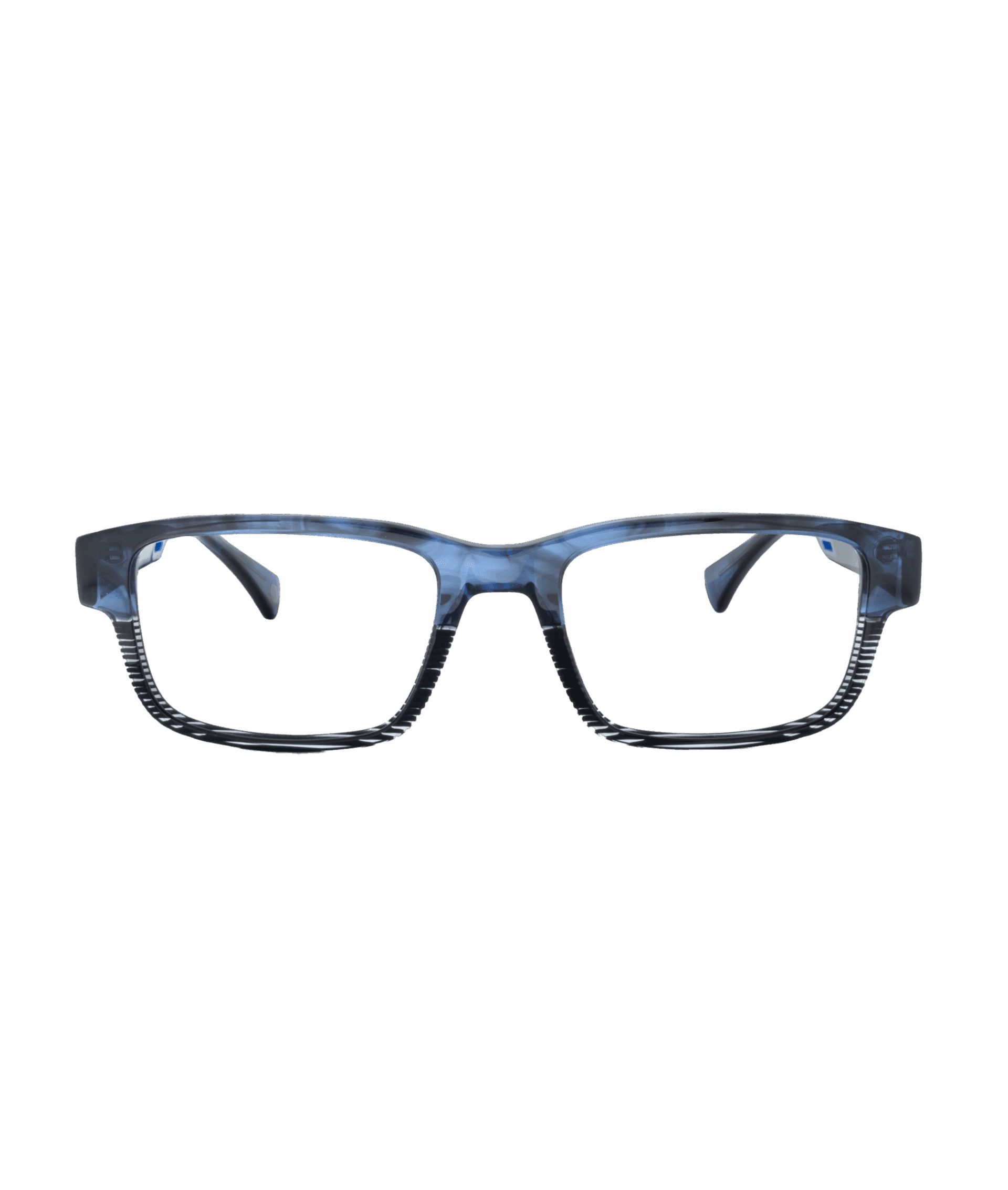 The HORNET eyeglasses feature a blue and black rectangular, slightly translucent frame with striped arms, showcased by La lunetterie VU à Montréal against a plain white background.