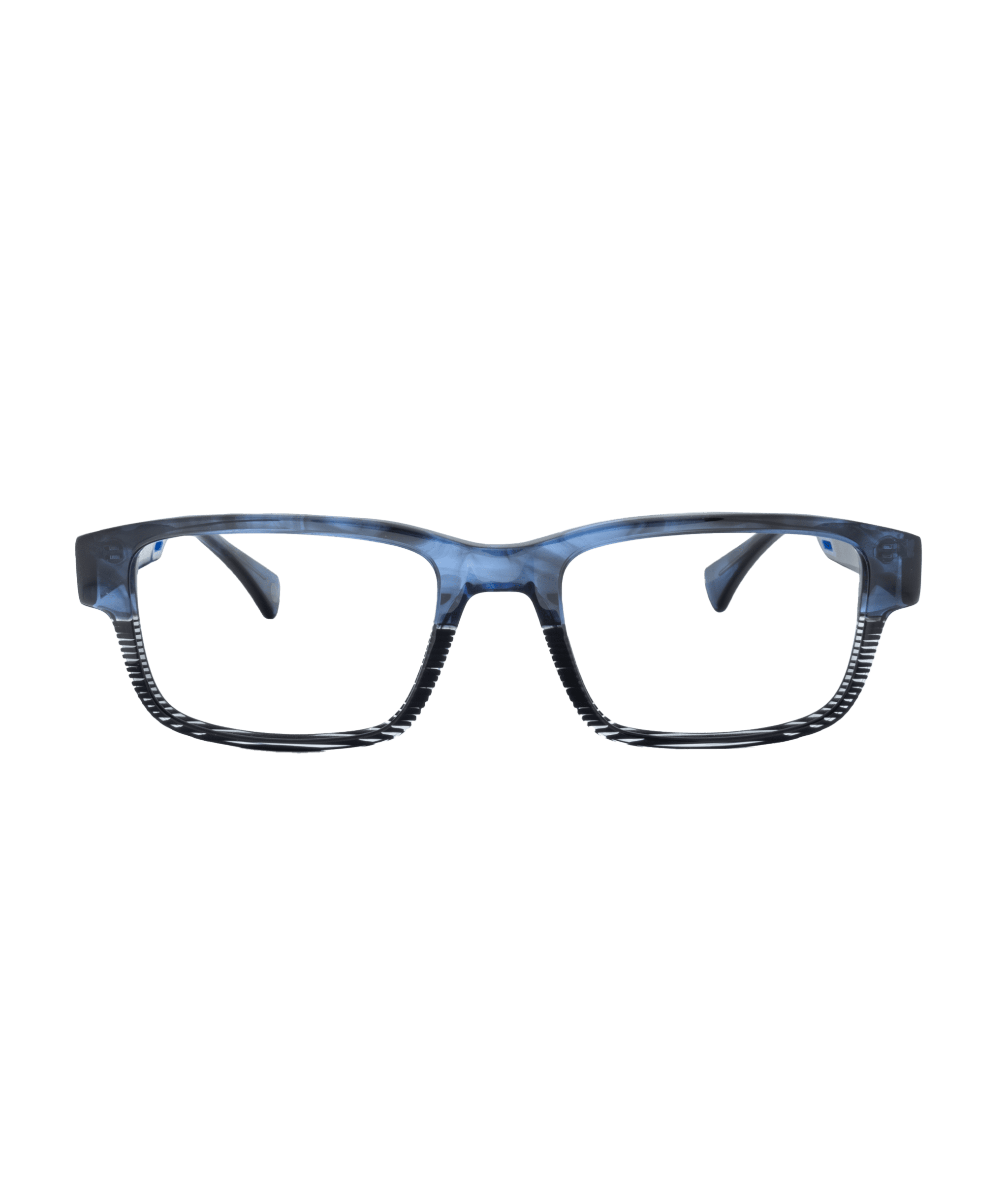 The HORNET eyeglasses feature a blue and black rectangular, slightly translucent frame with striped arms, showcased by La lunetterie VU à Montréal against a plain white background.