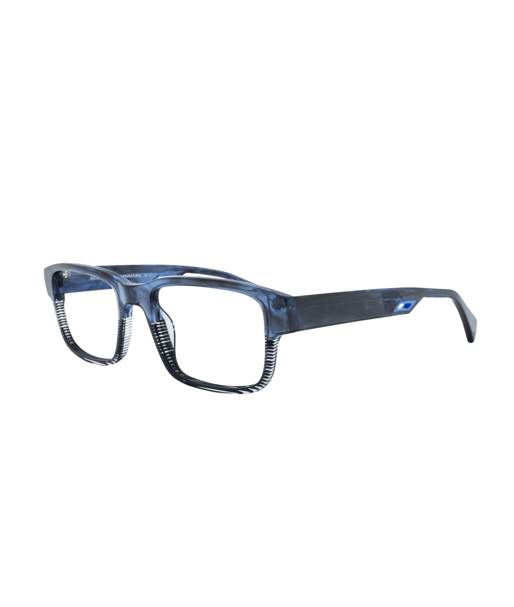 The HORNET eyeglasses from La lunetterie VU à Montréal are blue, rectangular frames with a thick, semi-transparent build and black-and-white striped inner rims, displayed at a slight angle on a plain white background.