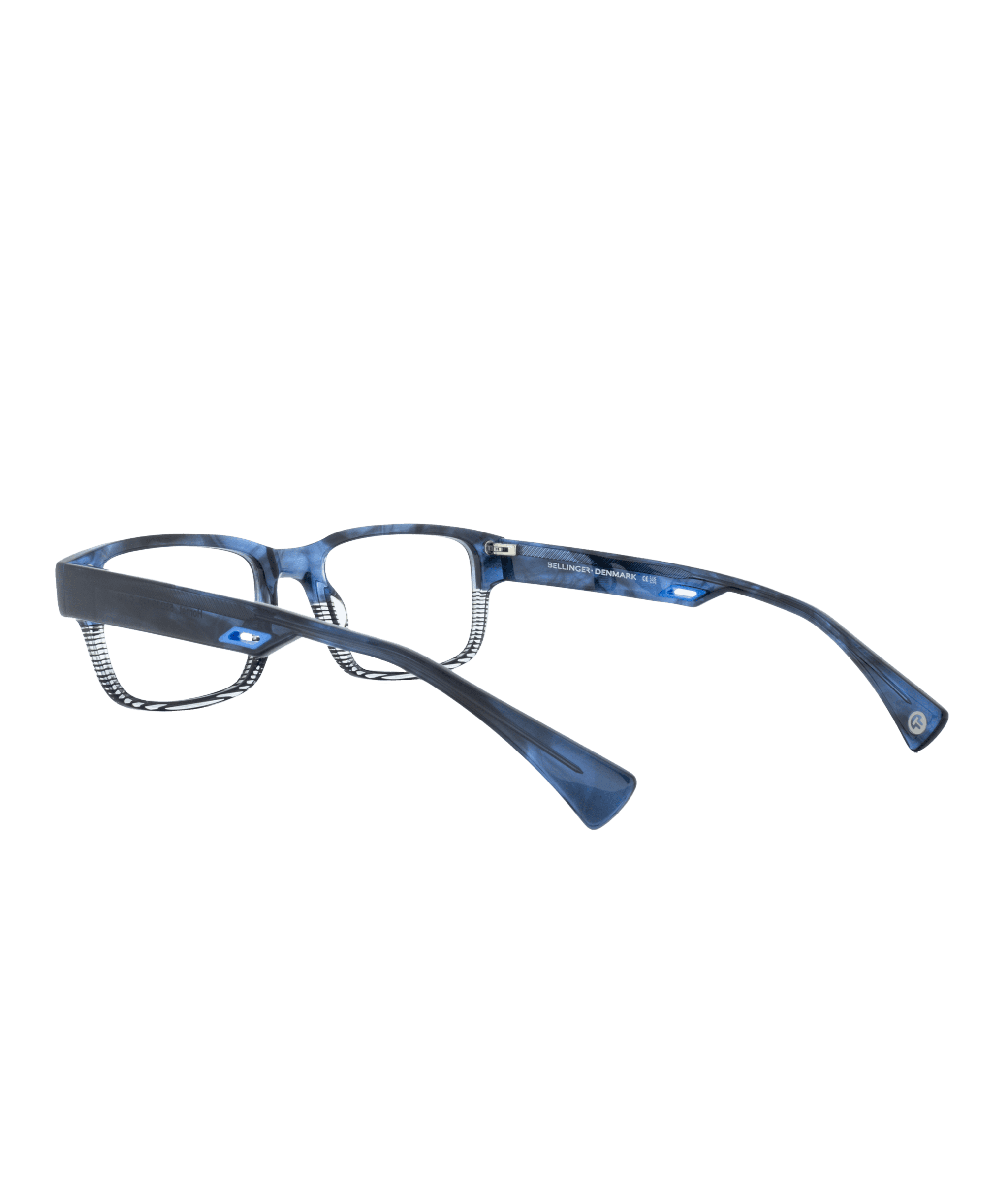 The HORNET eyeglasses by La lunetterie VU à Montréal feature blue rectangular, thick glossy plastic frames, shown from a low angle to highlight the inside temples and bridge against a plain white background.