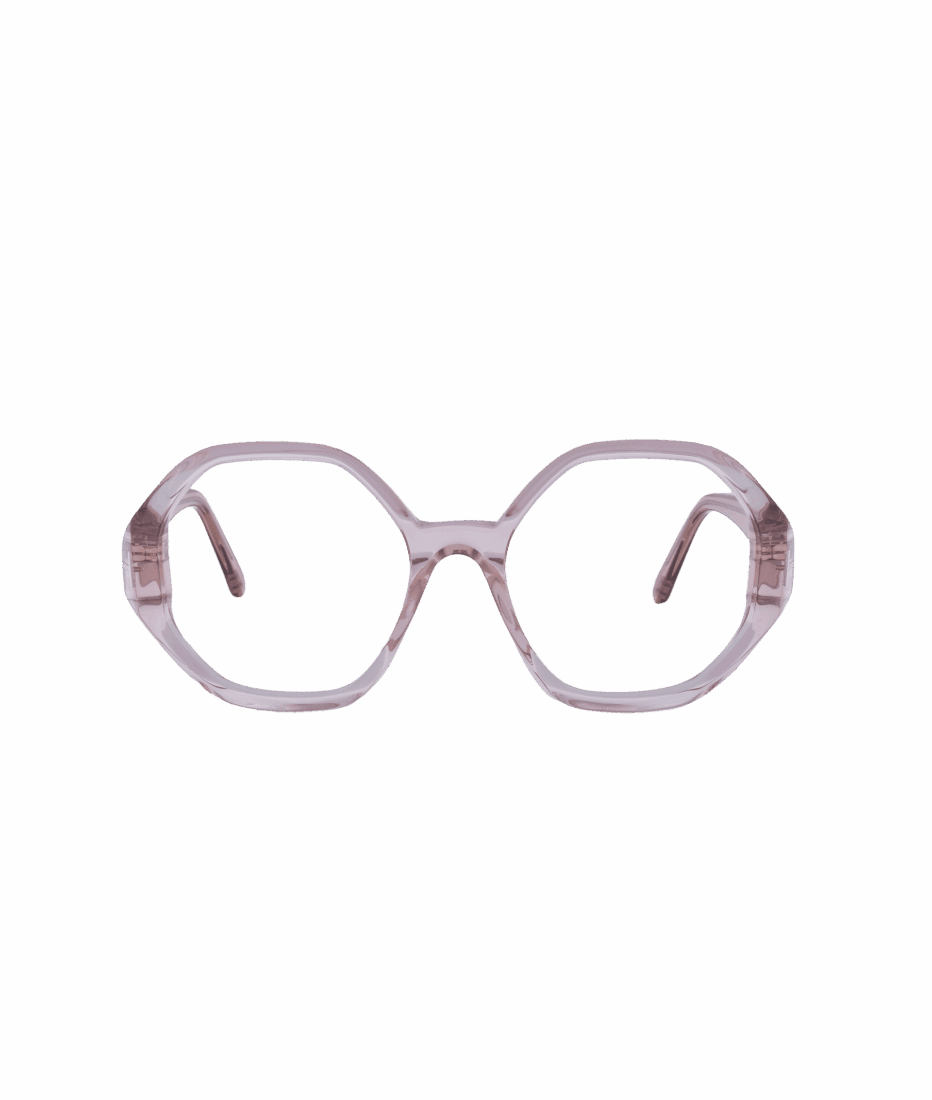 Lunettes translucides violet clair 5967B à large monture géométrique octogonale et branches incurvées, présentées sur un fond blanc uni - un style élégant de La lunetterie VU à Montréal.