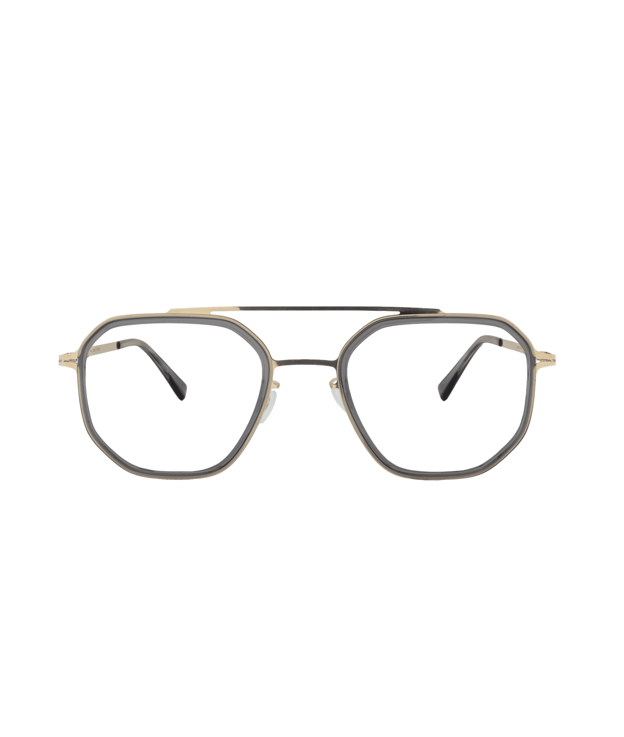 The SATU eyeglasses feature geometric gold metal frames, gray rims, black temple tips, and a double bridge—showcased by La lunetterie VU à Montréal on a white background.