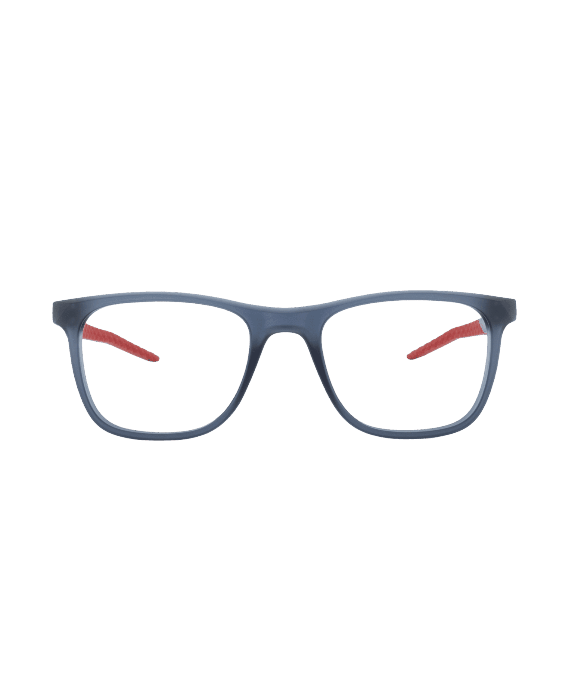 The 7056 features rectangular dark blue frames with red ear tips, displayed on a white background. Available at La lunetterie VU in Montréal.
