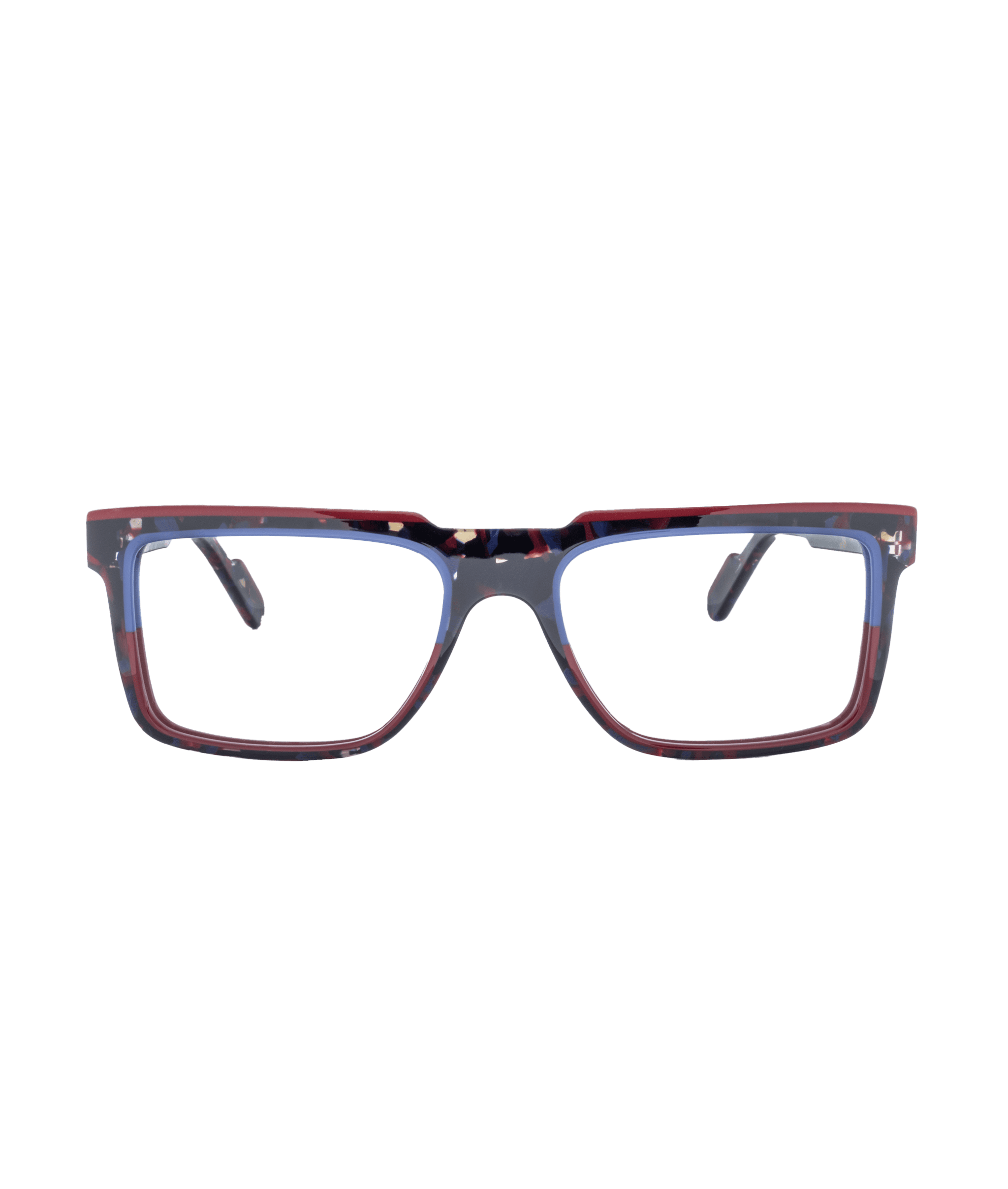 La POLICROMIE115 est une lunette rectangulaire à la monture audacieuse en écaille foncée et aux subtils accents bleus et rouges, présentée par La lunetterie VU à Montréal sur fond blanc.