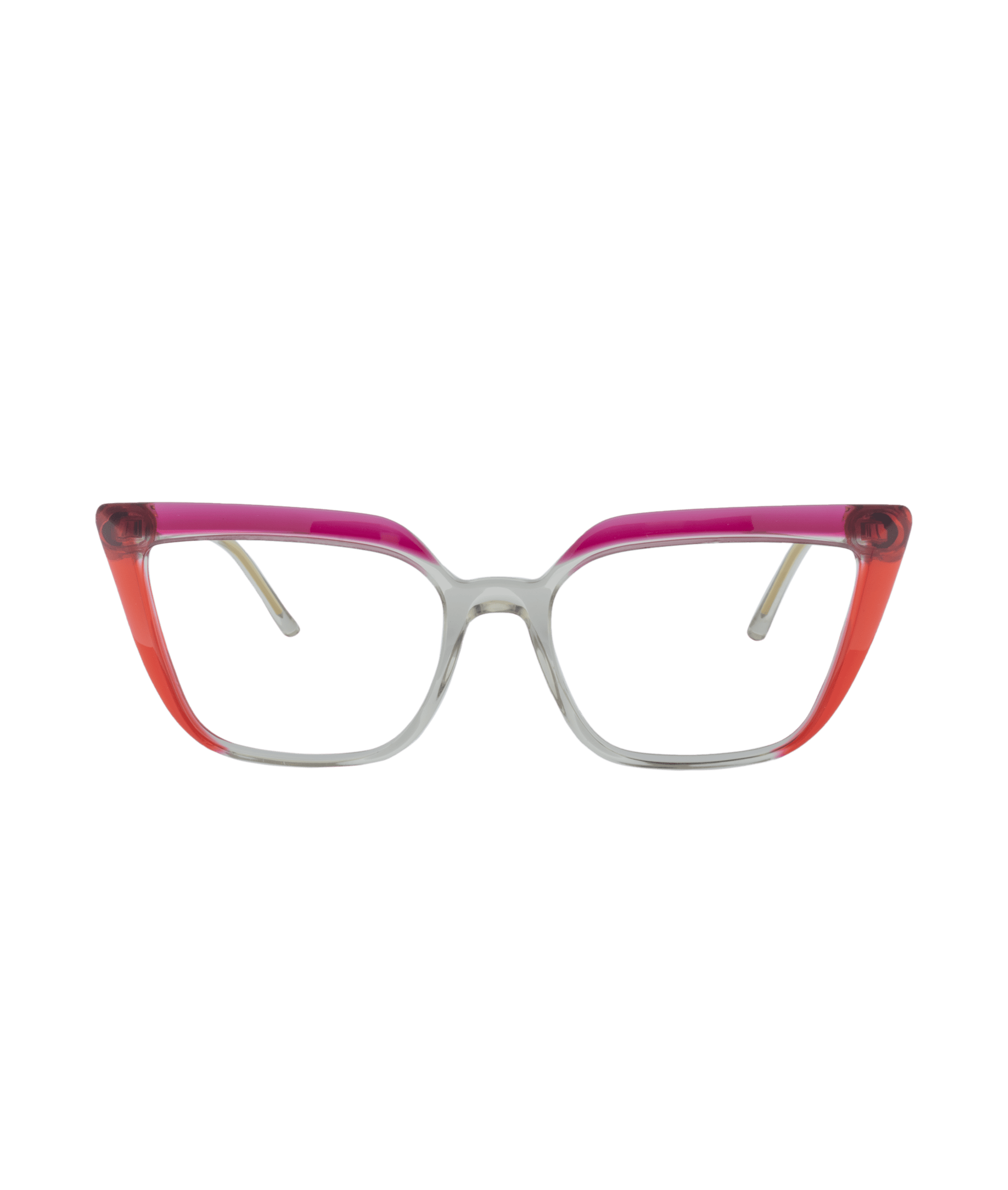 Les lunettes SAMBA de La lunetterie VU à Montréal présentent une monture transparente avec des accents roses audacieux sur le dessus et des coins rouges, ainsi que des branches minces de couleur claire, sur fond blanc.