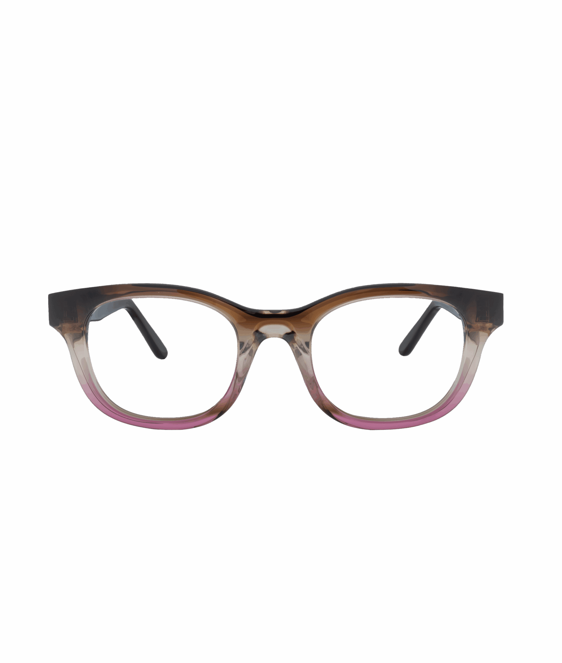 CHAOTY eyeglasses feature a rectangular frame that transitions from dark brown at the top to light pink at the bottom, displayed on a plain white background from La lunetterie VU in Montréal.