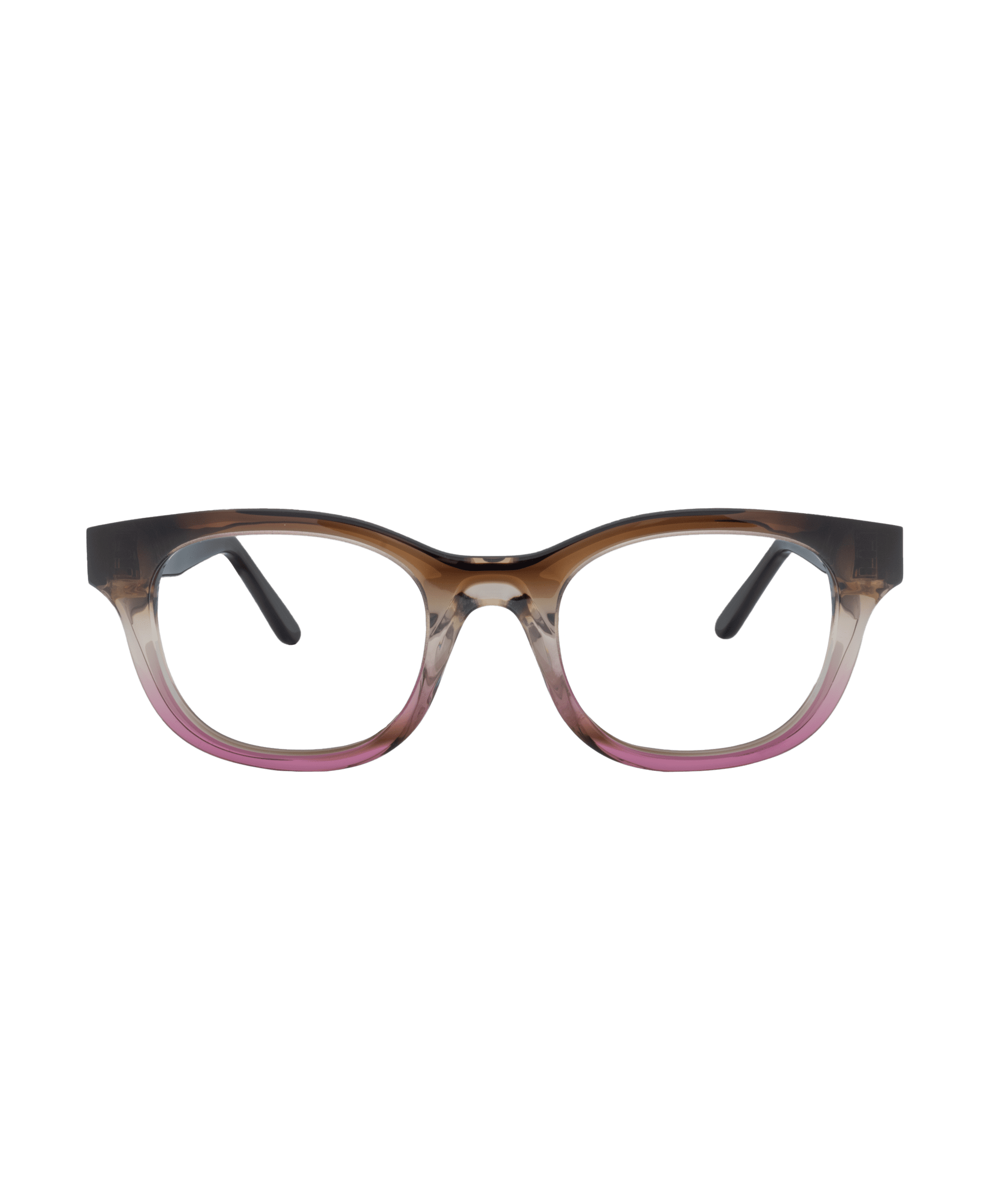 CHAOTY eyeglasses feature a rectangular frame that transitions from dark brown at the top to light pink at the bottom, displayed on a plain white background from La lunetterie VU in Montréal.