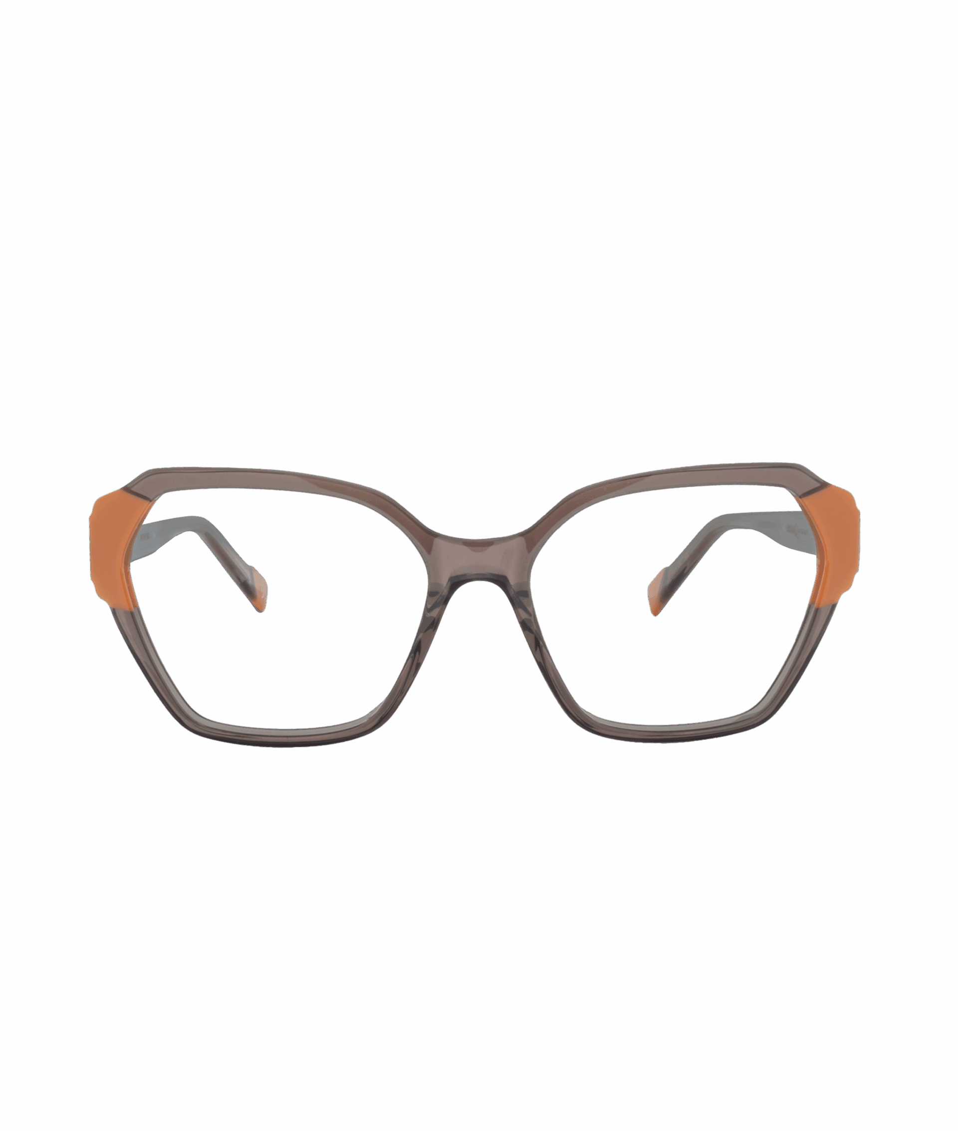 The HERA eyeglasses from La lunetterie VU à Montréal feature brown rectangular frames with bold orange accents on the upper corners, displayed against a plain white background.
