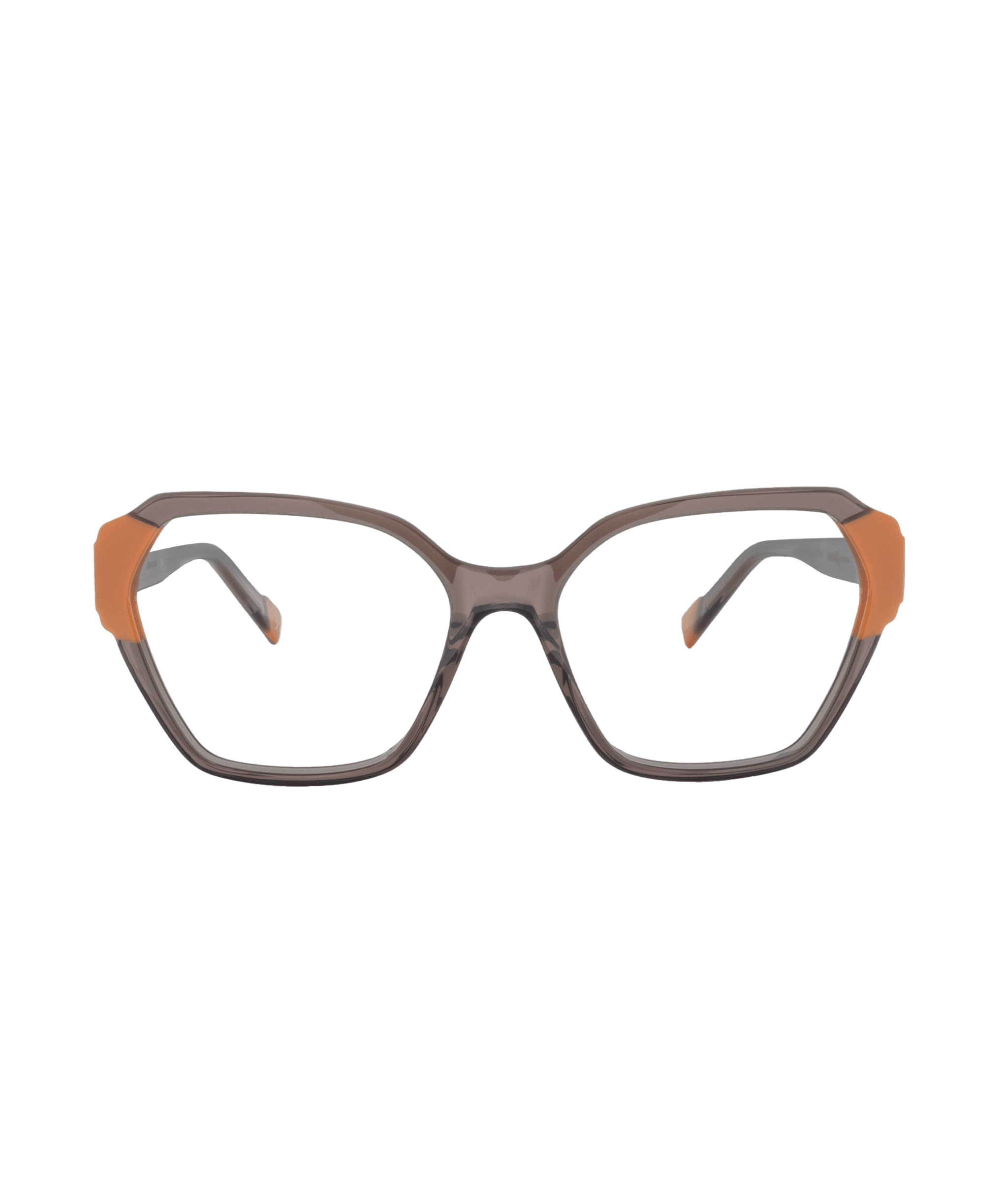 The HERA eyeglasses from La lunetterie VU à Montréal feature brown rectangular frames with bold orange accents on the upper corners, displayed against a plain white background.