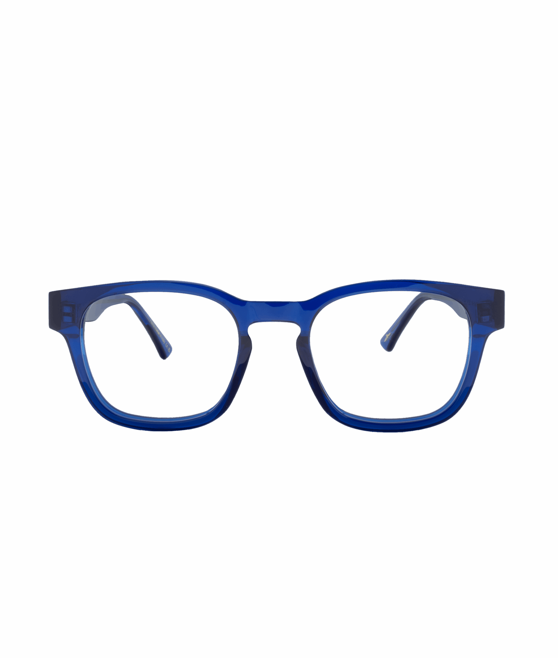 A pair of ACETATE15 blue rectangular eyeglasses with thick frames from La lunetterie VU à Montréal, displayed on a plain white background.
