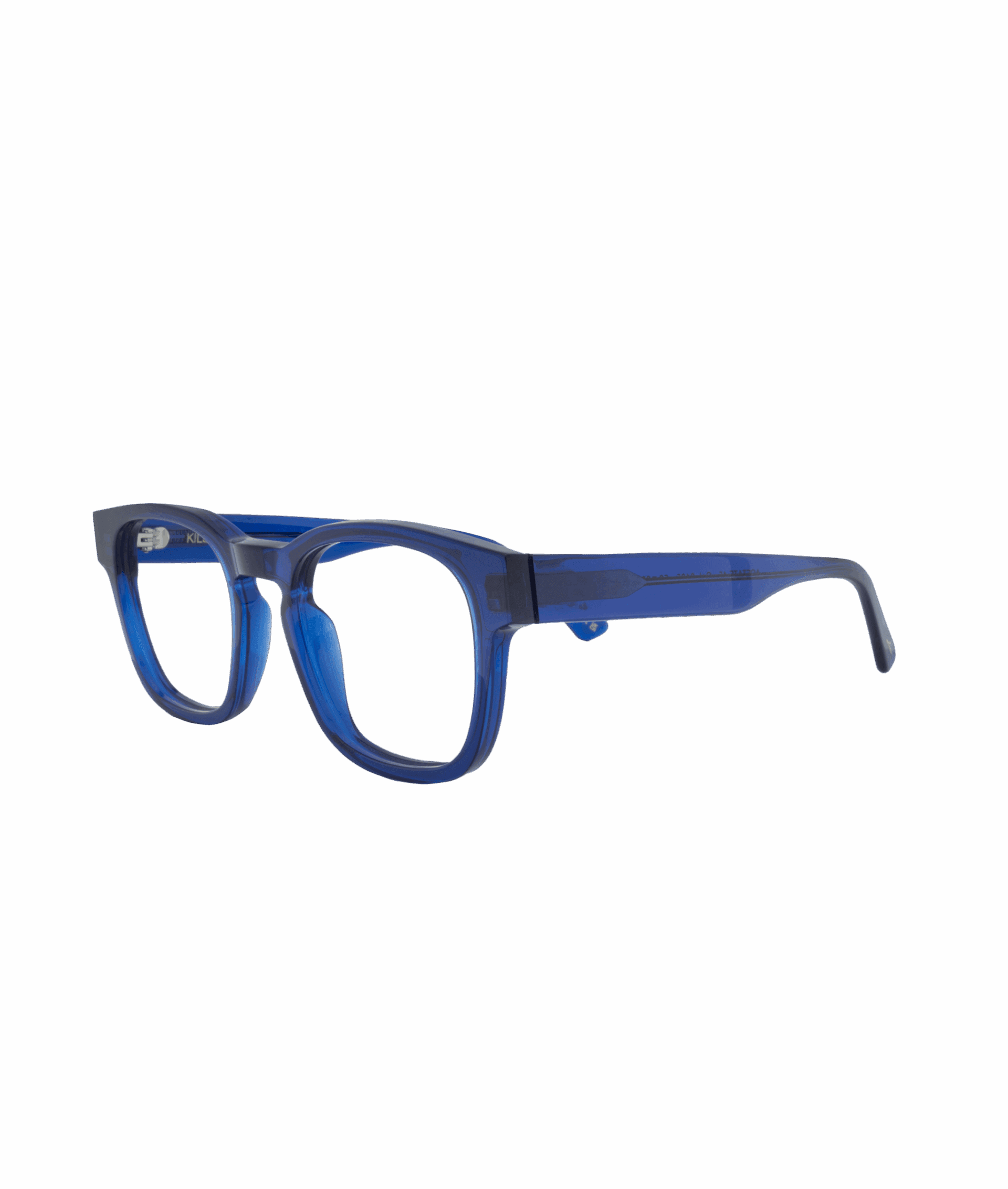 Rectangular frame with a modern, edgy design featuring a keyhole bridge and a pronounced height for a bold look. Its exclusive navy acetate hides a refined detail: a firefly engraved in silver leaf style, a subtle signature of meticulous design.