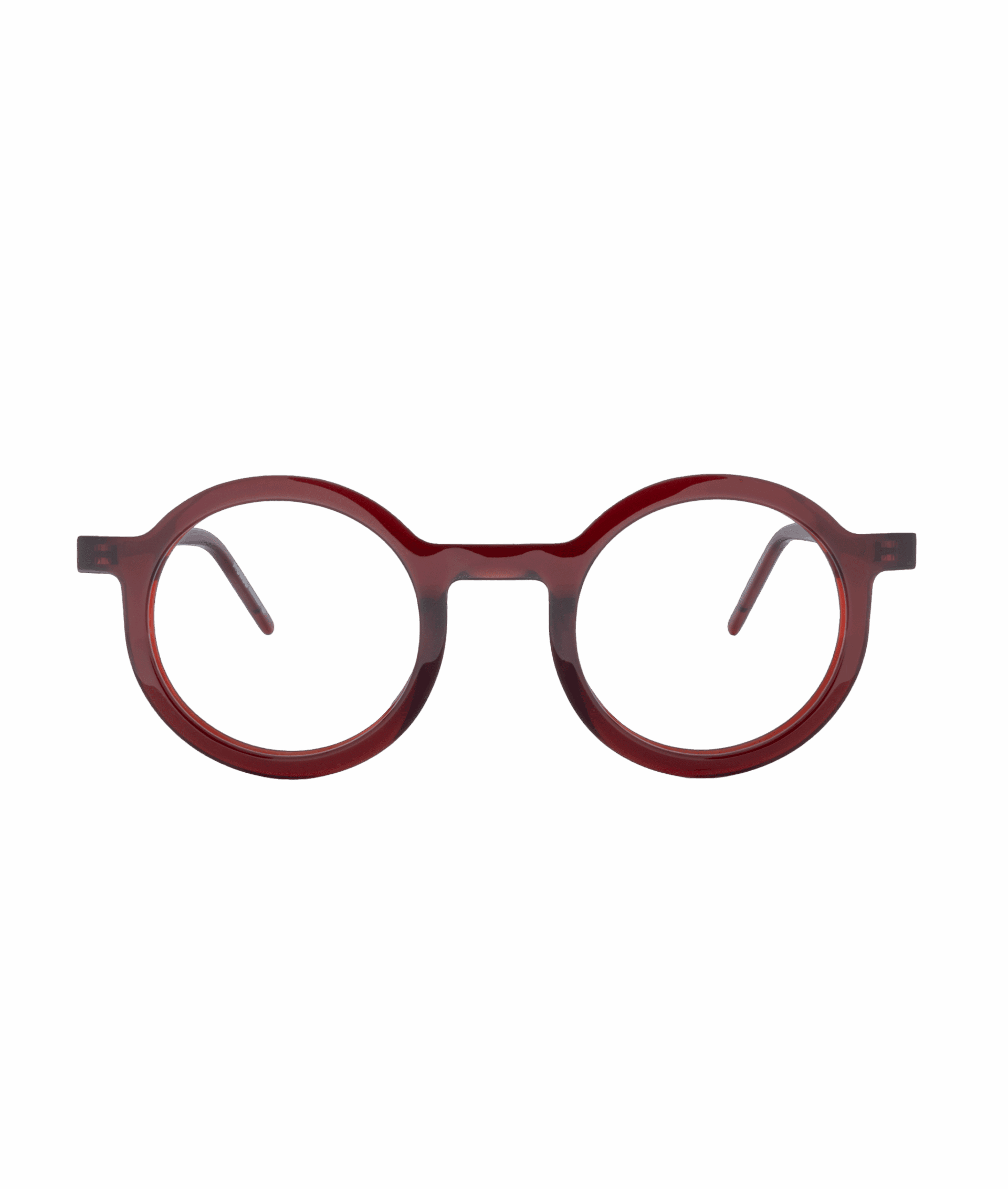 Front view of 90050C eyeglasses by La lunetterie VU à Montréal—round, burgundy frames with thick rims and clear lenses, set against a plain white background.