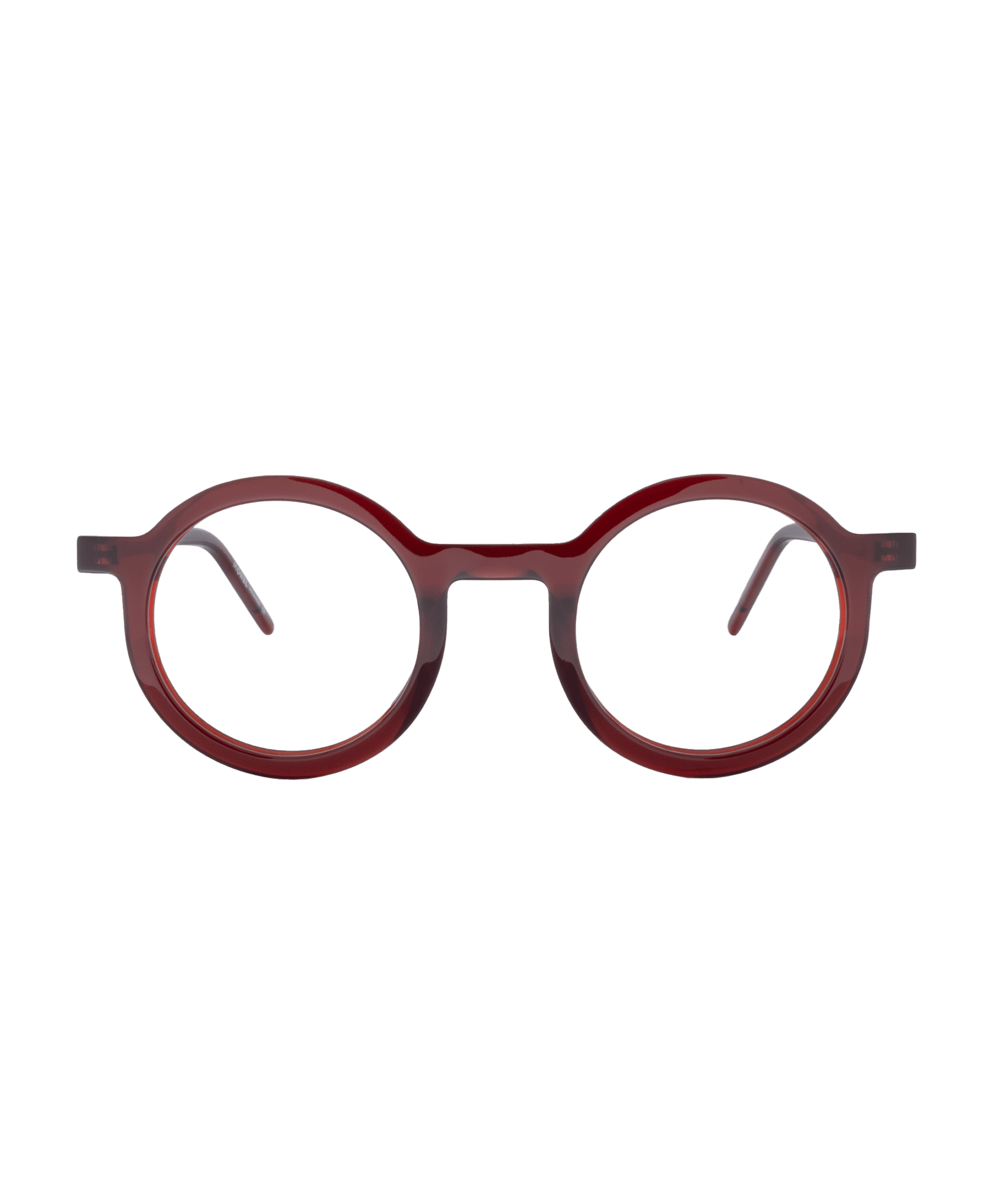 Front view of 90050C eyeglasses by La lunetterie VU à Montréal—round, burgundy frames with thick rims and clear lenses, set against a plain white background.