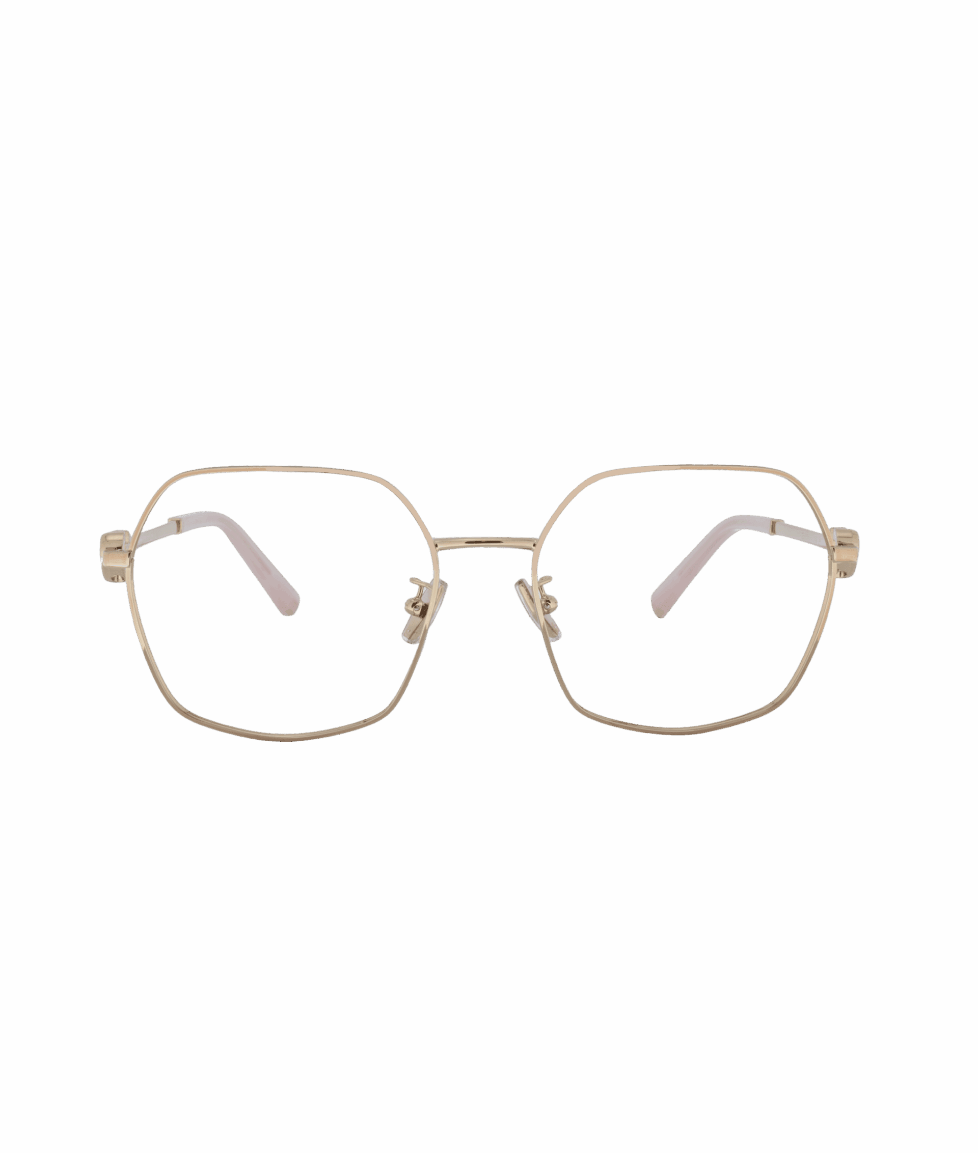 Les lunettes 1165D en métal doré sont dotées d'une monture géométrique hexagonale arrondie, de verres transparents et de branches fines aux extrémités rose pâle. Présentées sur un fond blanc uni, elles proviennent de la lunetterie VU à Montréal.