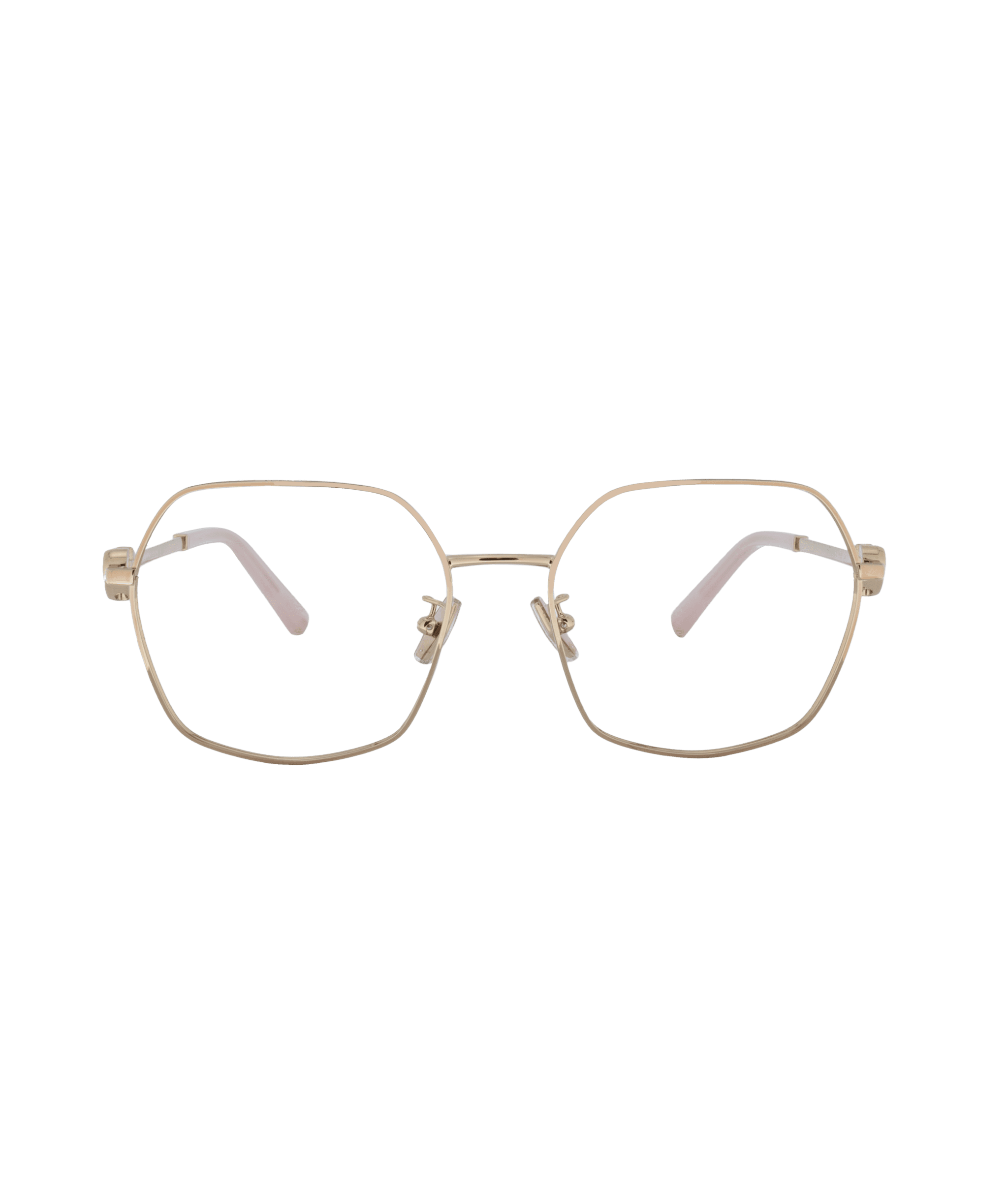 Model 1165D: Gold geometric eyeglasses with thin metal frames and clear lenses, shown from the front on a white background. Discover this modern style at La lunetterie VU à Montréal.
