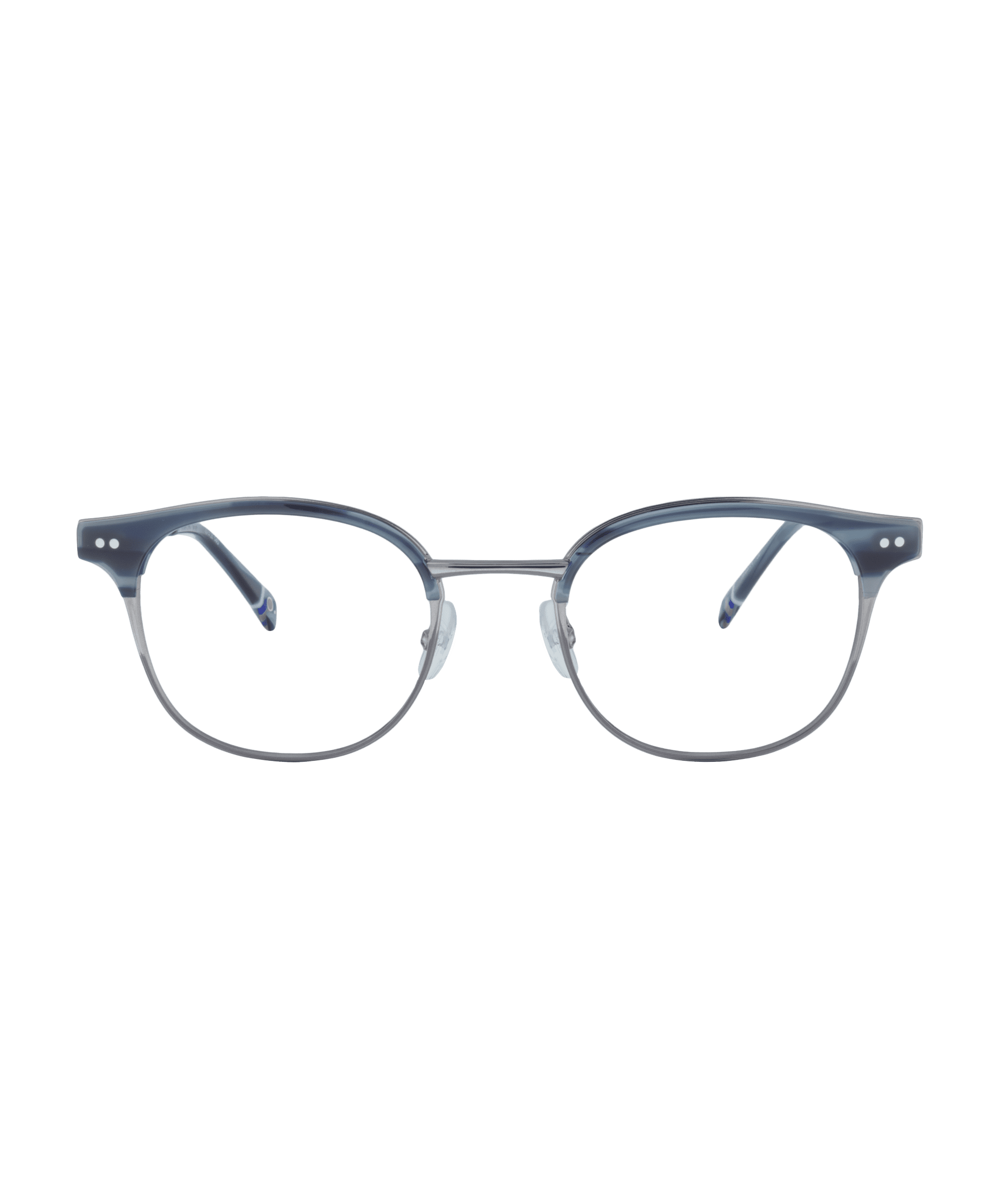 The MANACOR by La lunetterie VU à Montréal: round eyeglasses with dark blue frames, clear lenses, metal bridge and temples, and adjustable nose pads—shown against a white background.