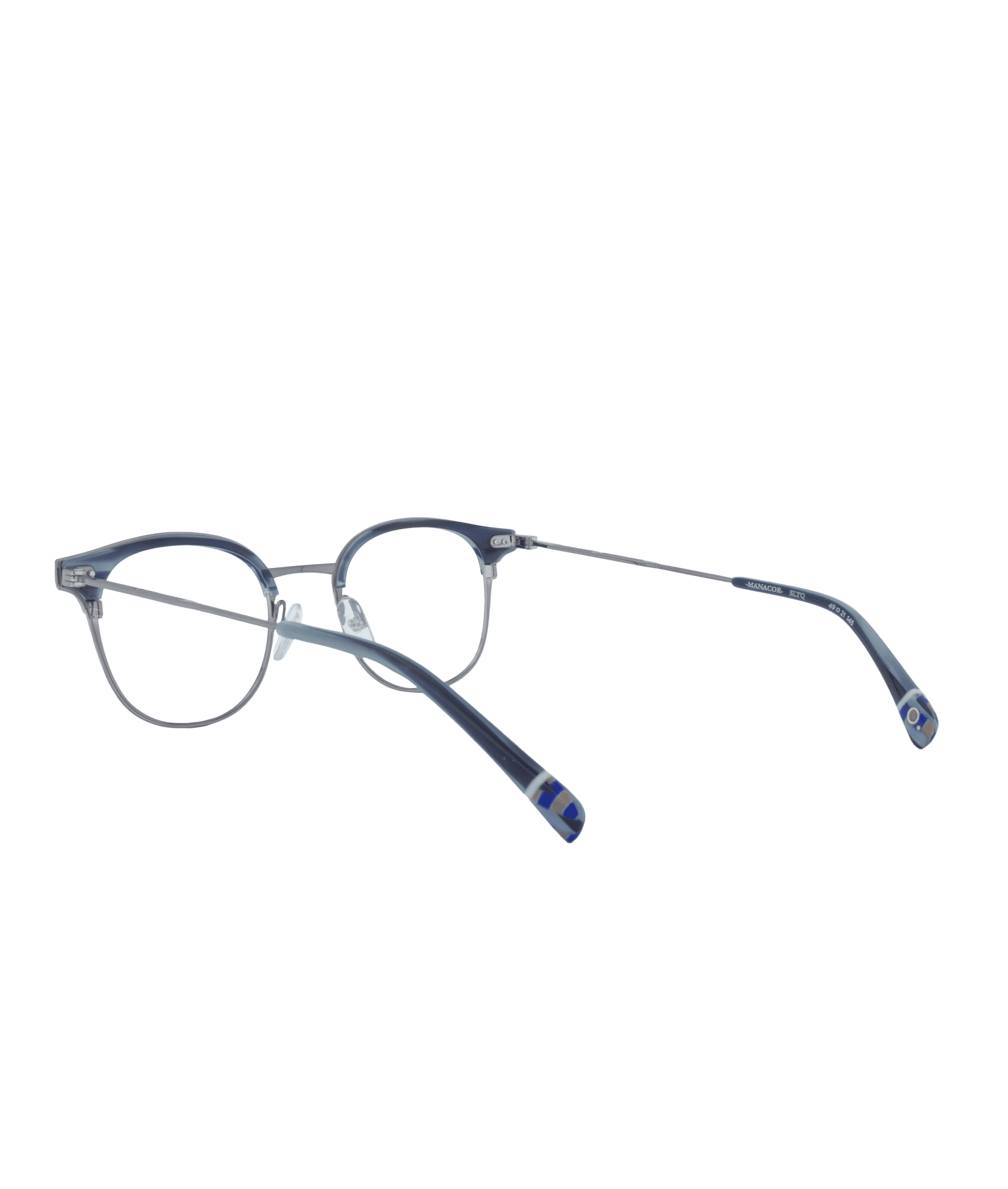 MANACOR eyeglasses from La lunetterie VU à Montréal, featuring blue and silver oval frames with thin metal arms. Displayed at an angle on a white background, the arm tips show blue details accented with small stripes.