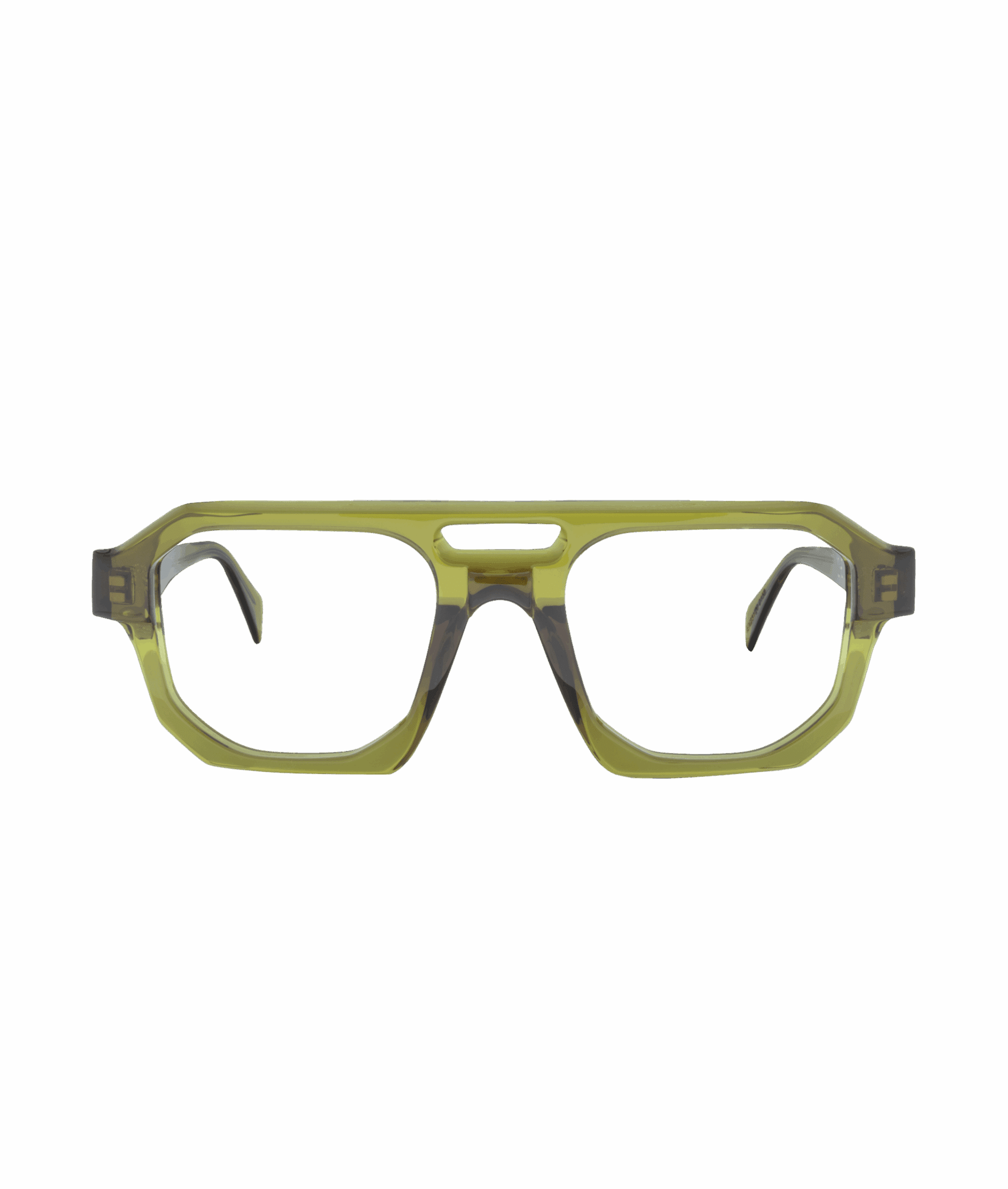 The K33 eyeglass frames from La lunetterie VU à Montréal feature a green geometric design and a double bridge, shown against a plain white background.