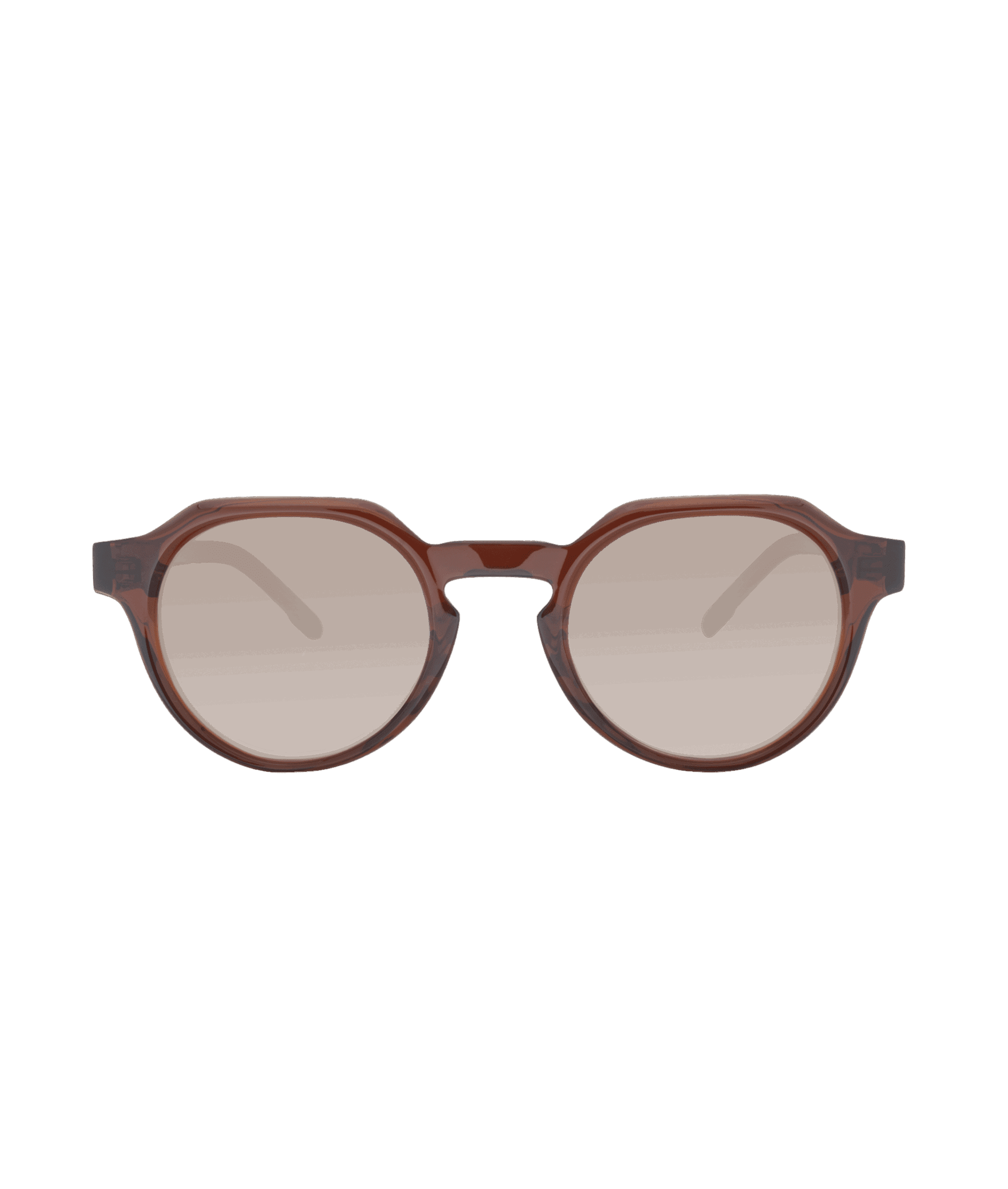 The JANNEY round sunglasses feature a brown translucent frame with light brown gradient lenses, displayed on a plain white background—an elegant style available at La lunetterie VU in Montréal.