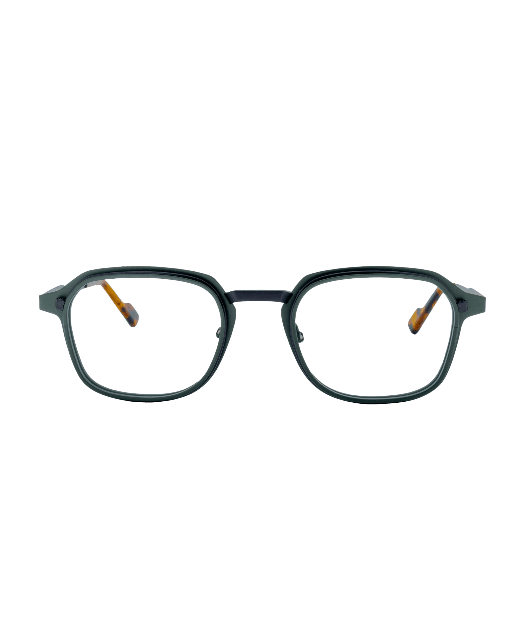 MATICS 2: Black, hexagonal eyeglasses with thin frames and clear lenses, shown front-facing on a white background. Brown-tipped temples—an elegant pick from La lunetterie VU in Montréal.