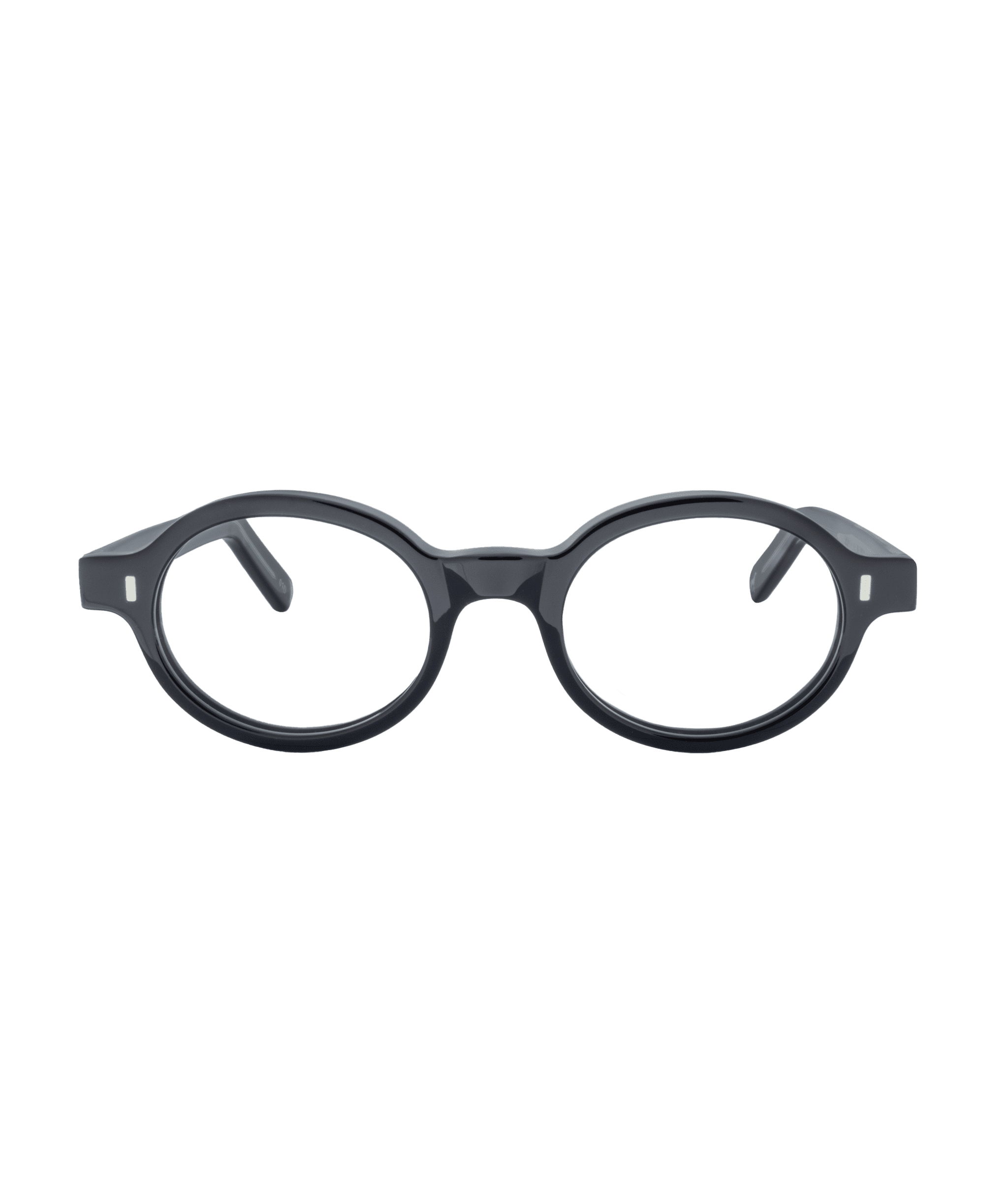 Les lunettes TEOS de La lunetterie VU à Montréal se caractérisent par une monture noire, ronde et épaisse, avec des verres transparents, sur un fond blanc uni.