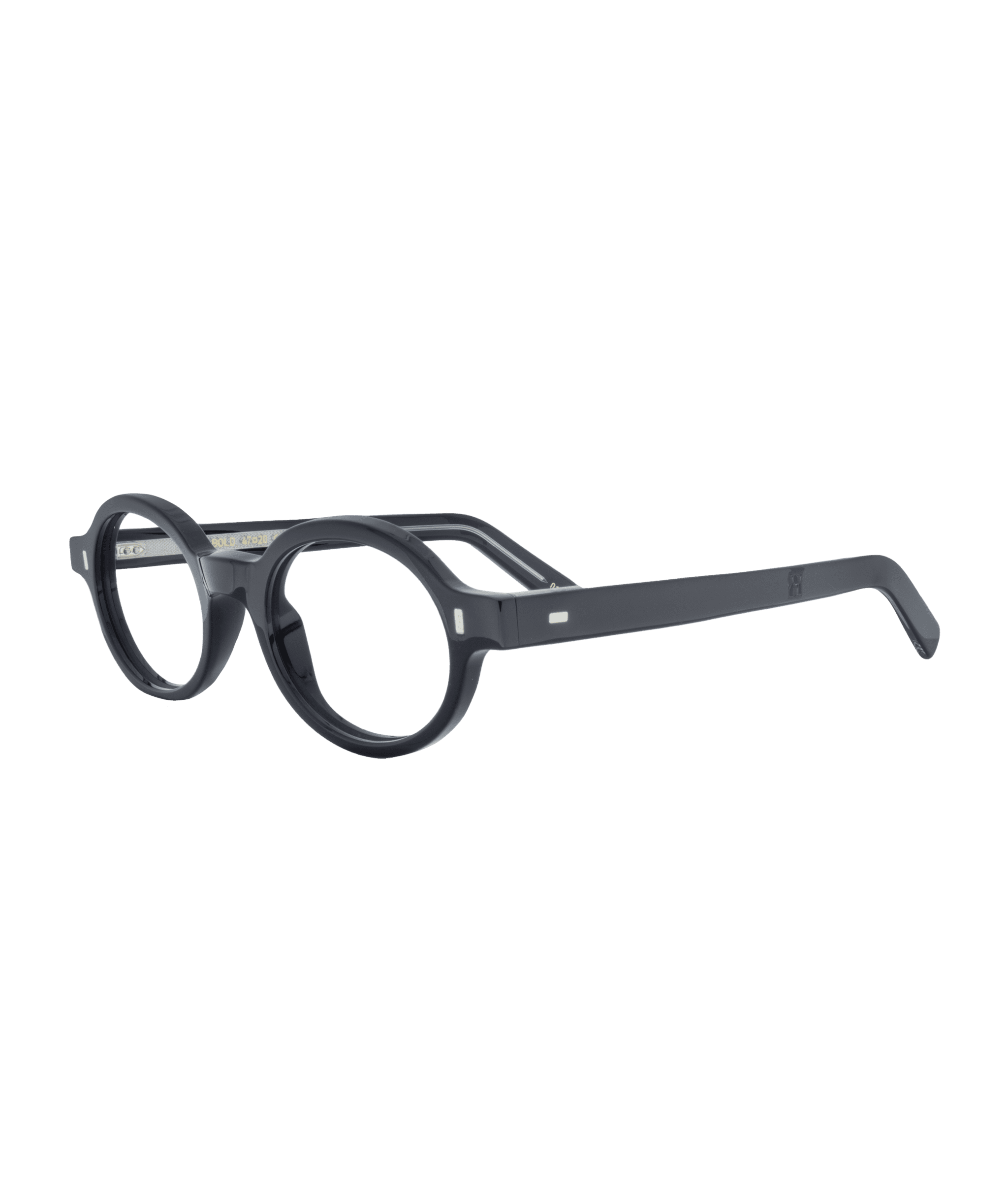 Une paire de lunettes TEOS noires, à monture ronde et à branches épaisses, présentée sur fond blanc et de biais, fabriquée par La lunetterie VU à Montréal.